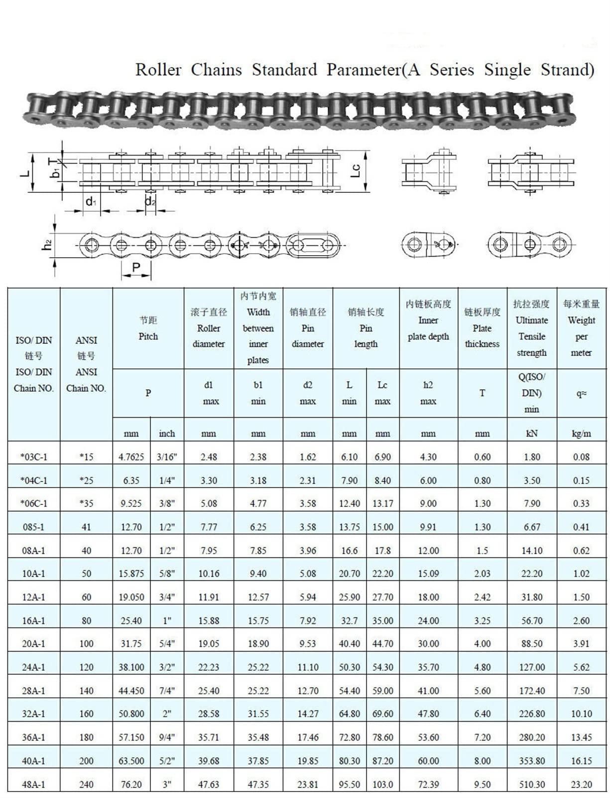 DOLUNTO 1.5m de Longitud, 0 8b ANSI Cadena de transmisión de Doble Orificio de Doble Orificio de Doble Orificio