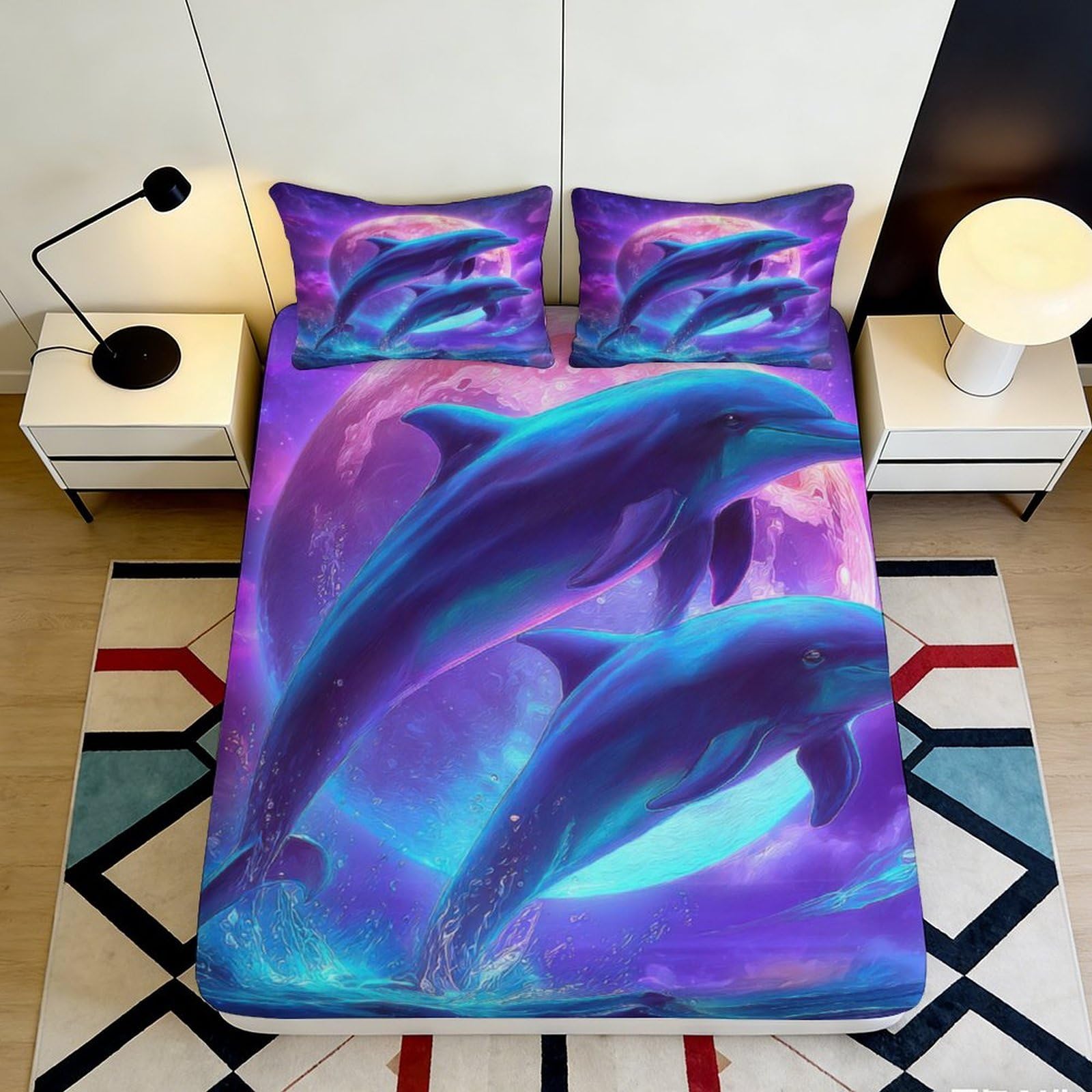 3D Printed Ocean Dolphin Fitted Sheet Microfiber Purple Blue Sea Mattress Cover Bedroom Decor Machine Washable 90x200x25cm