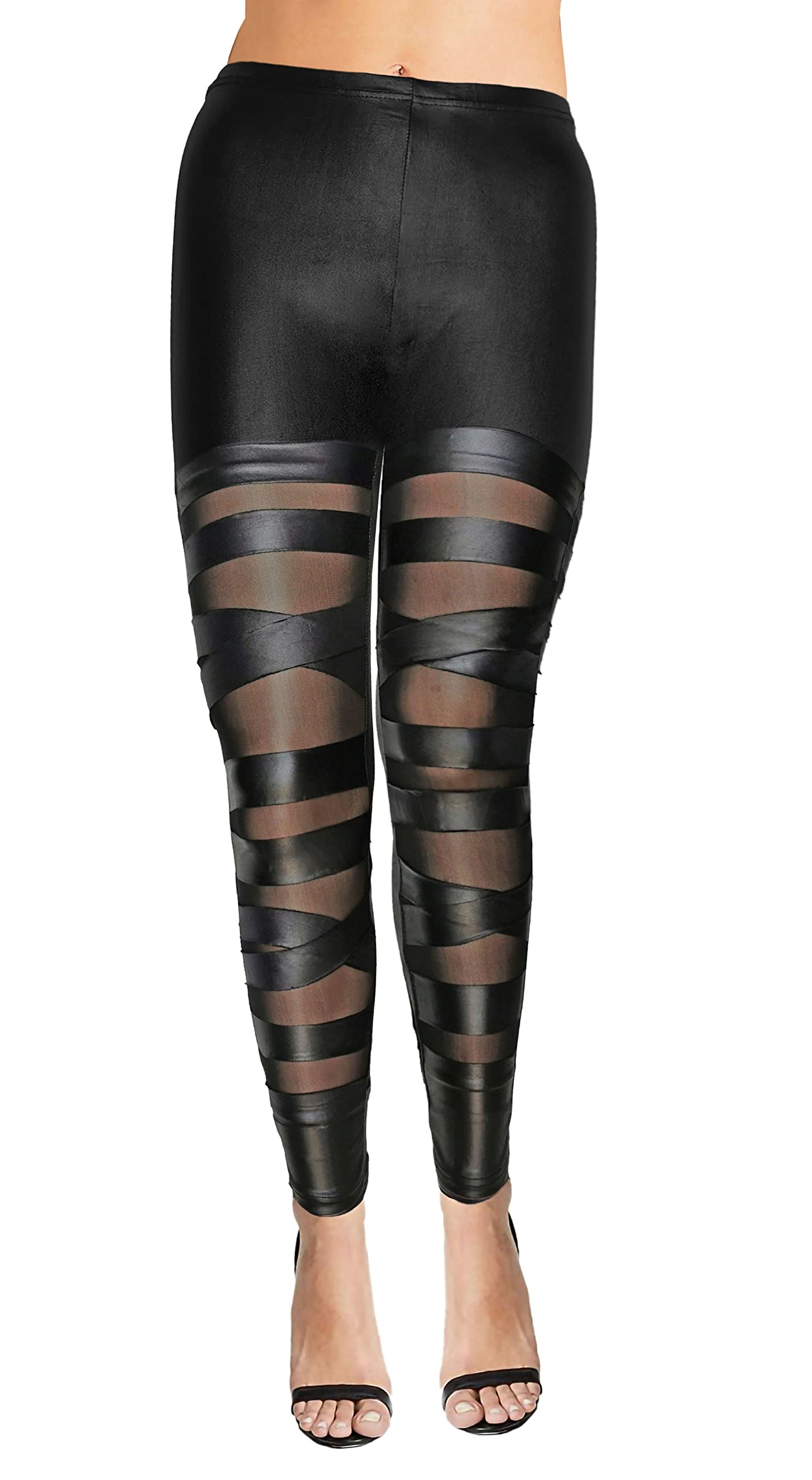 TrifoliumWomens Ladies Faux Leather Wet Look Mesh Cross Skinny Legging Plus Size UK 6-24