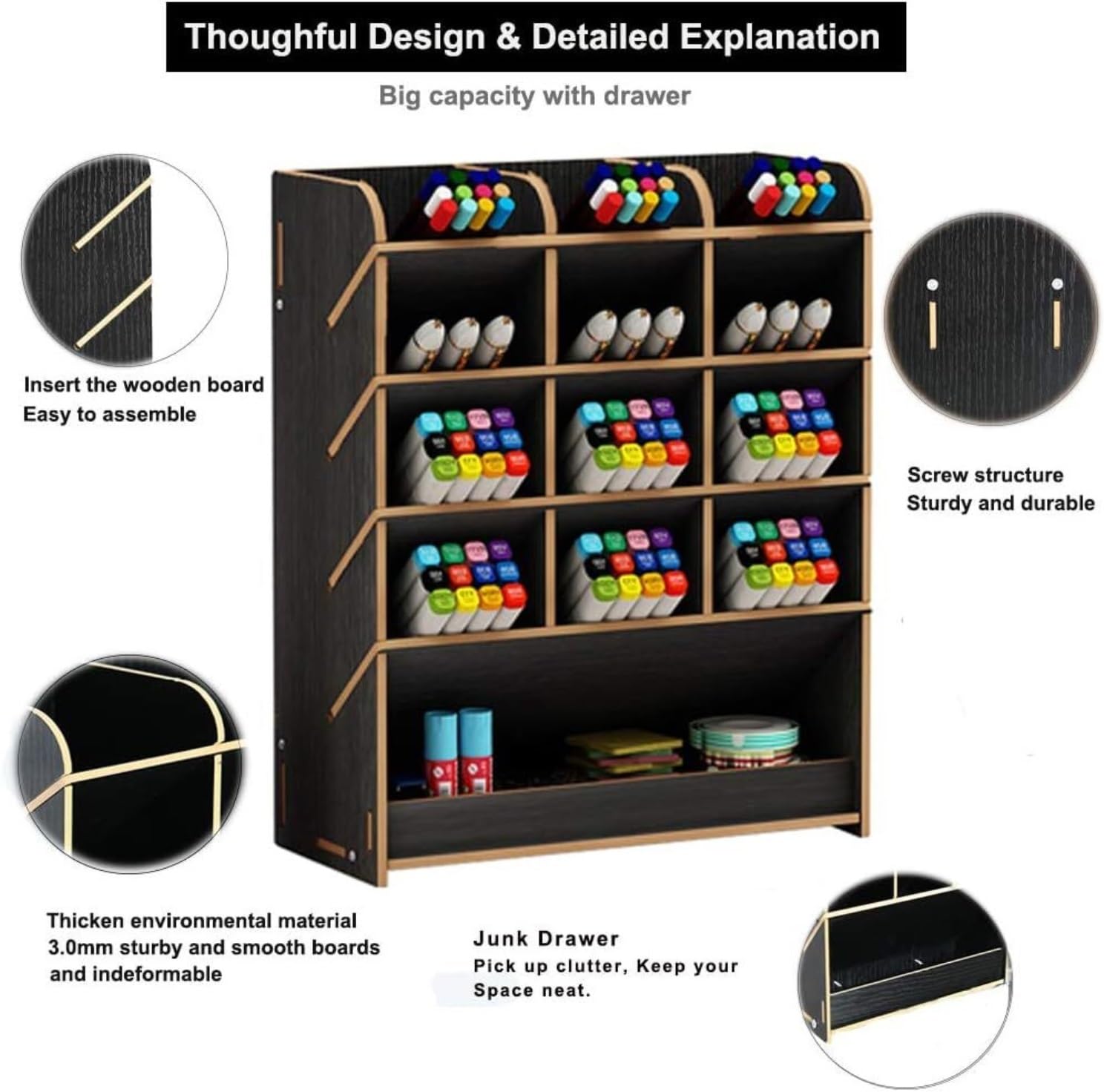 Schreibtisch Organizer Schreibtisch-Organizer Aus Holz Mit Schublade, Multifunktionaler DIY-Stifthalter-Organizer Für Den Schreibtisch Büro(Black,21 * 9.2 * 25.5cm)