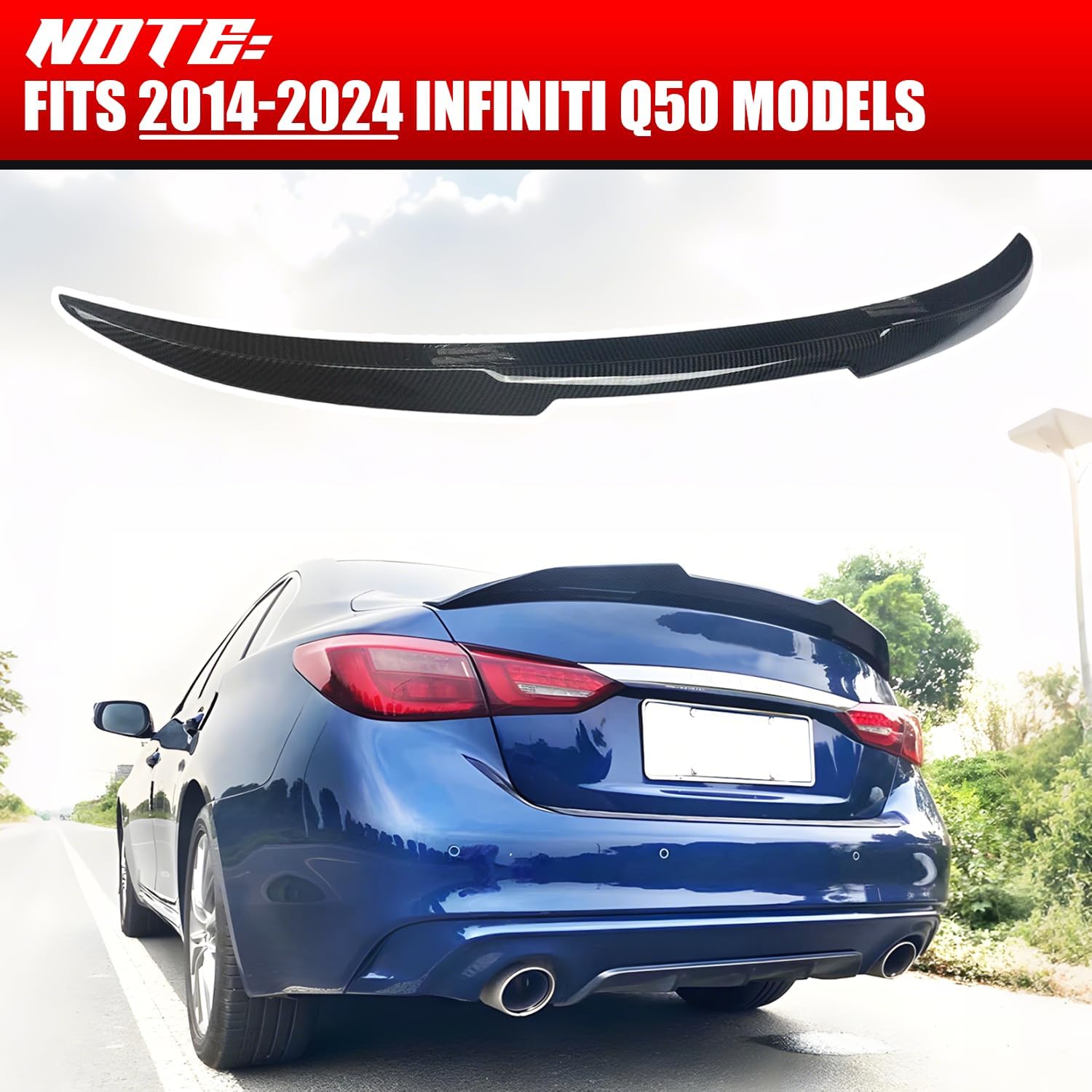 Rear Spoiler for 2014-2024 Infiniti Q50, Back Wing Trunk Spoiler Top High Wing Q50 Body Kit Exterior Accessories (Carbon Fiber)