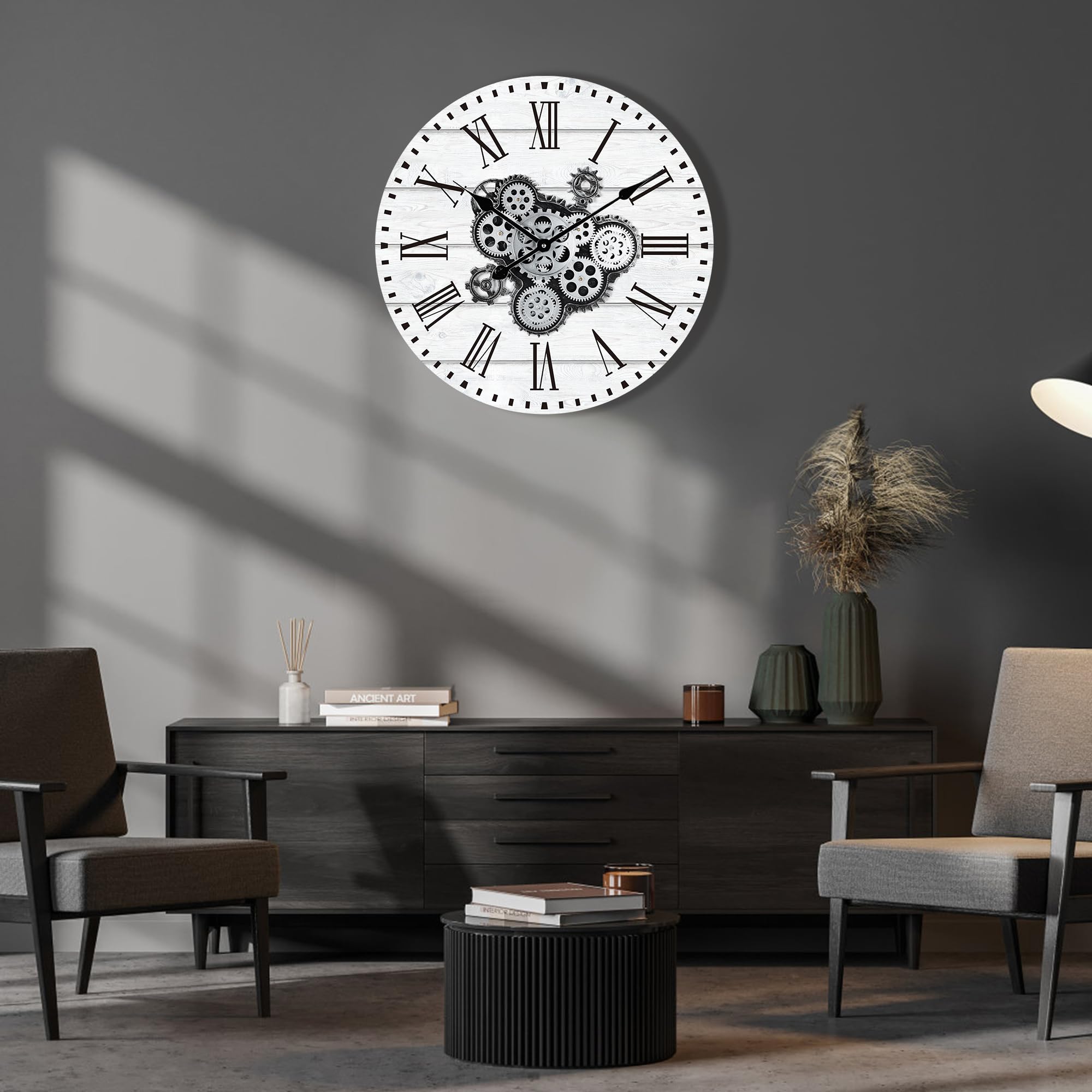 Horloge Murale Engrenages Mobiles Geante 57cm Industrielle Bois Vintage Blanc Pendule Murale Steampunk Chiffres Romains