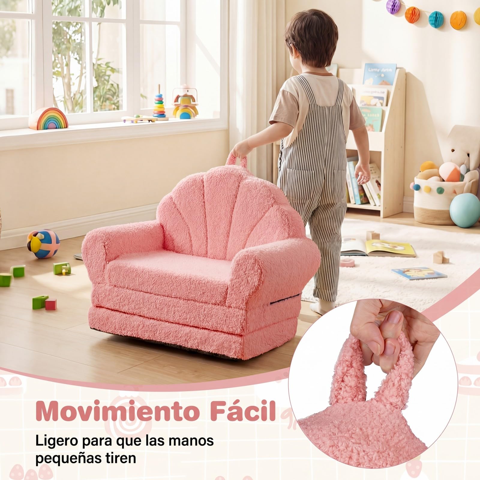GOPLUS Sofá Plegable para Niños, Sofá Cama 2 en 1 con Funda de Forro Polar Lavable, Respaldo en Forma de Concha y Reposabrazos, Sillón Infantil de Espuma para Niños de 3+ Años (Rosa)