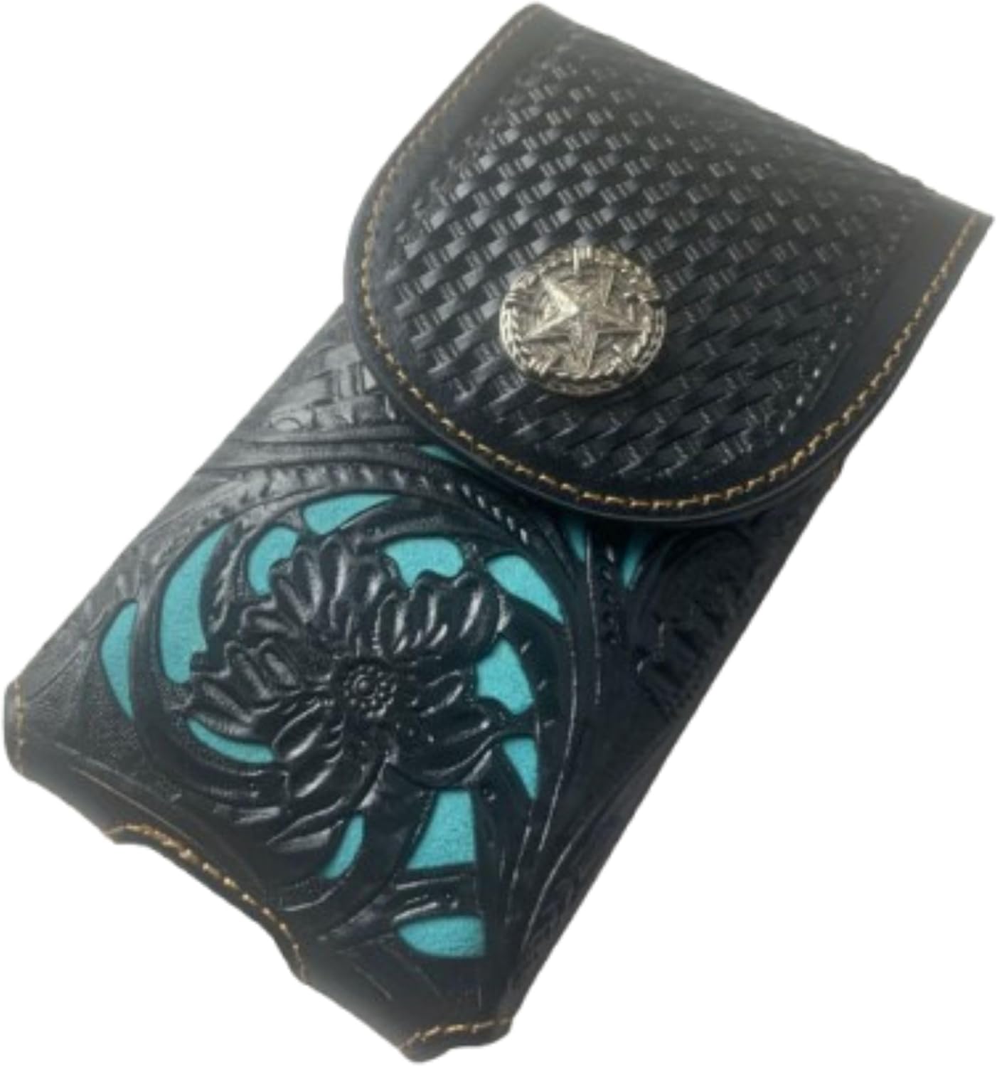 Star Western Lone Star Leather Holster Phone Pouch Black & Turquoise Western Leather Craft with Metal Concho Handmade by Egifthome USA Item# EH12993, Size: 7" Lx4 Wx1 h