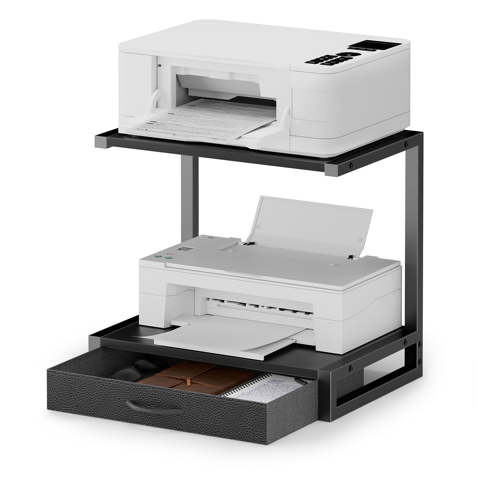 OYRREU 2-Tier Desktop Printer Stand with Fabric Drawer and Open Shelf, Printer Table with Storage for Home Office, 3D Printers, Fax Machine, Scanner, Black