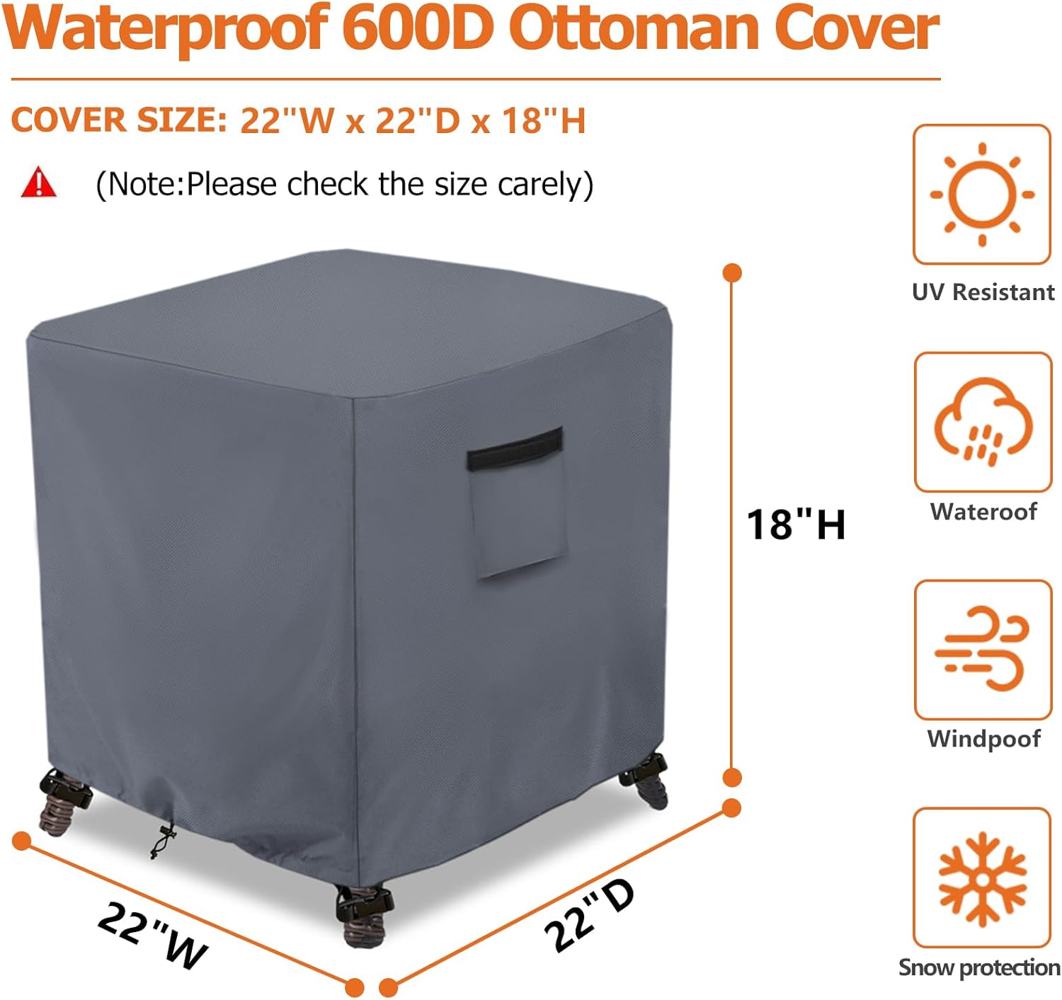 Waterproof Outdoor Ottoman Cover Square,600D Heavy Duty Patio Small Side Table Cover,Patio Furniture Covers for End Table 22" W x 22" D x 18" H,Grey