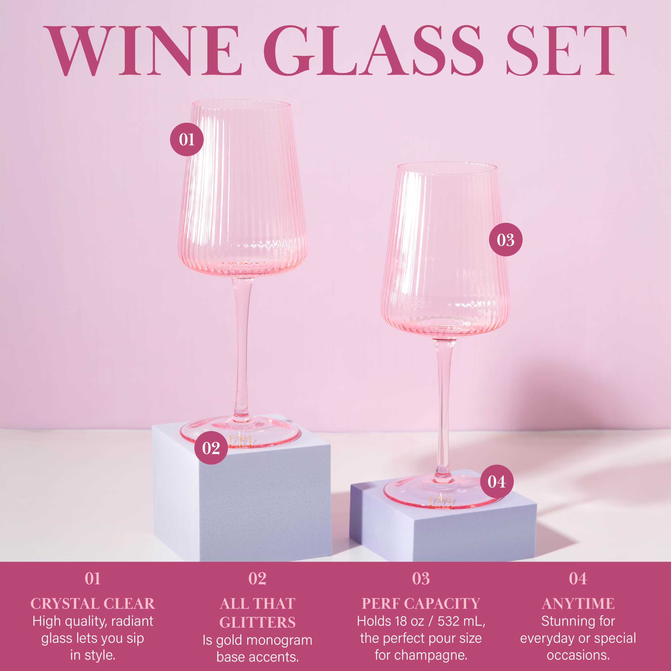 Paris Hilton Juego de copas de vino acanaladas, elegante cristalería estriada, perfecta para vino tinto o vino blanco, juego de 2, 18 onzas, rosa
