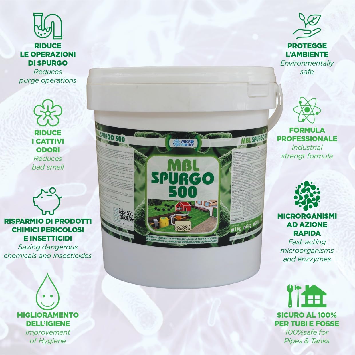 MBL SPURGO 500 – kg. 5 Attivatore biologico in polvere per lo spurgo di fosse e tubazioni, contiene un misurino per il corretto dosaggio - (500 milioni di microrganismi per grammo)