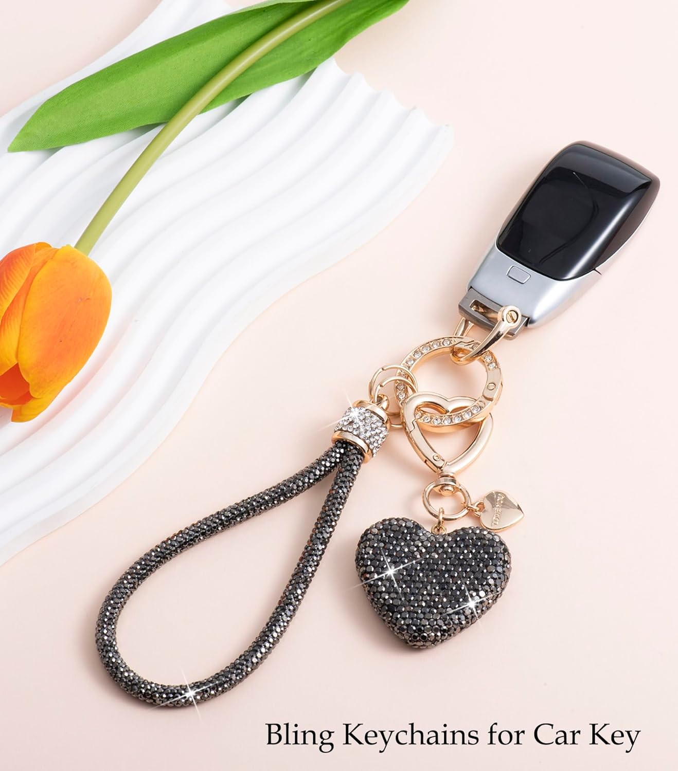 Cute Heart Keychains for Women, Bling Key chain Accessories Girly Wristlet Keychain for Car Keys, Backpack pom pom - Image 4