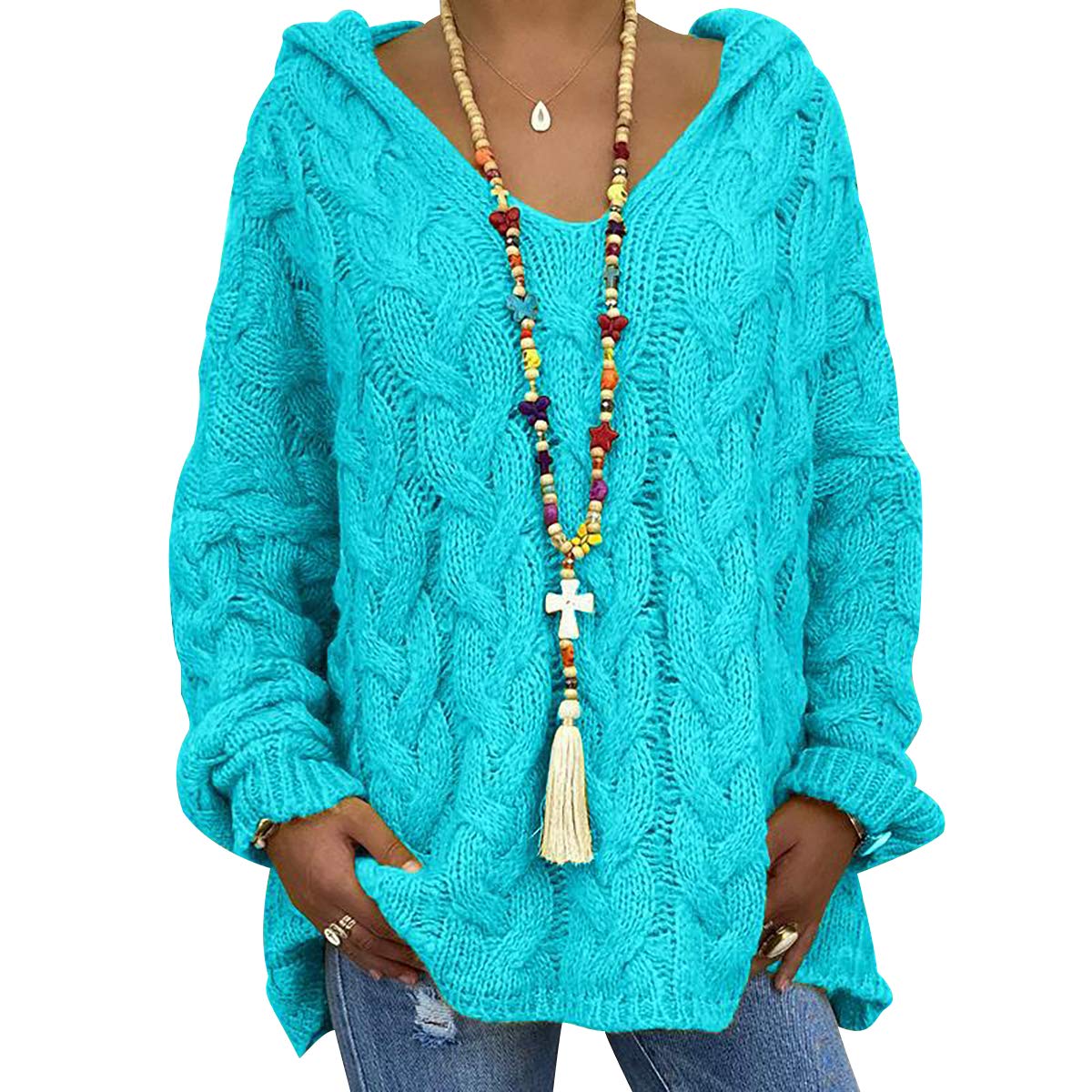 Peuignao Women's Lake Blue Oversized Cable Knit V-Neck Jumper - Long, Baggy, Fluffy, Knitted, Hooded Pullover Sweater - Blue