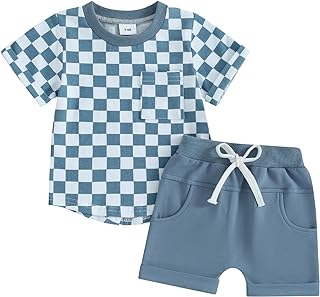 MA&BABY Toddler Baby Boy Summer Clothes Checkerboard T-Shirt Top Shorts Set | 6 12 18 24 Months 2T 3T 4T 5T Boys Summer Outfit, Short Sleeve Checkered Tees, Adorable 2Pcs Clothing Set, Birthday Gift
