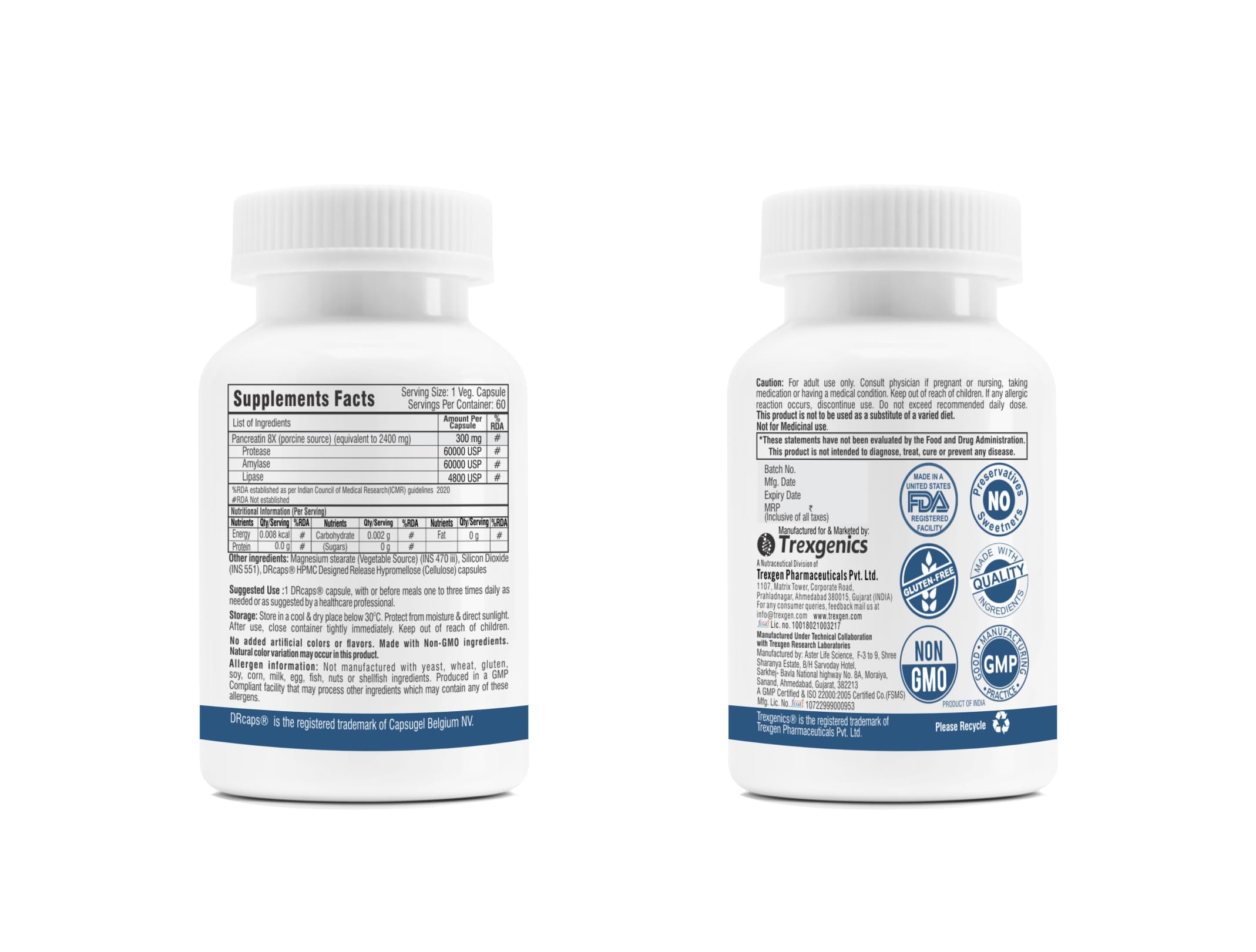 Trexgenics PANCREATIN 300 mg 8X Pharmaceutical Grade Stomach Acid Protected Protease 60000 USP, Amylase 60000 USP, 4800 USP Lipase Digestive Health Support (60 DRcaps) — Amazon image 2