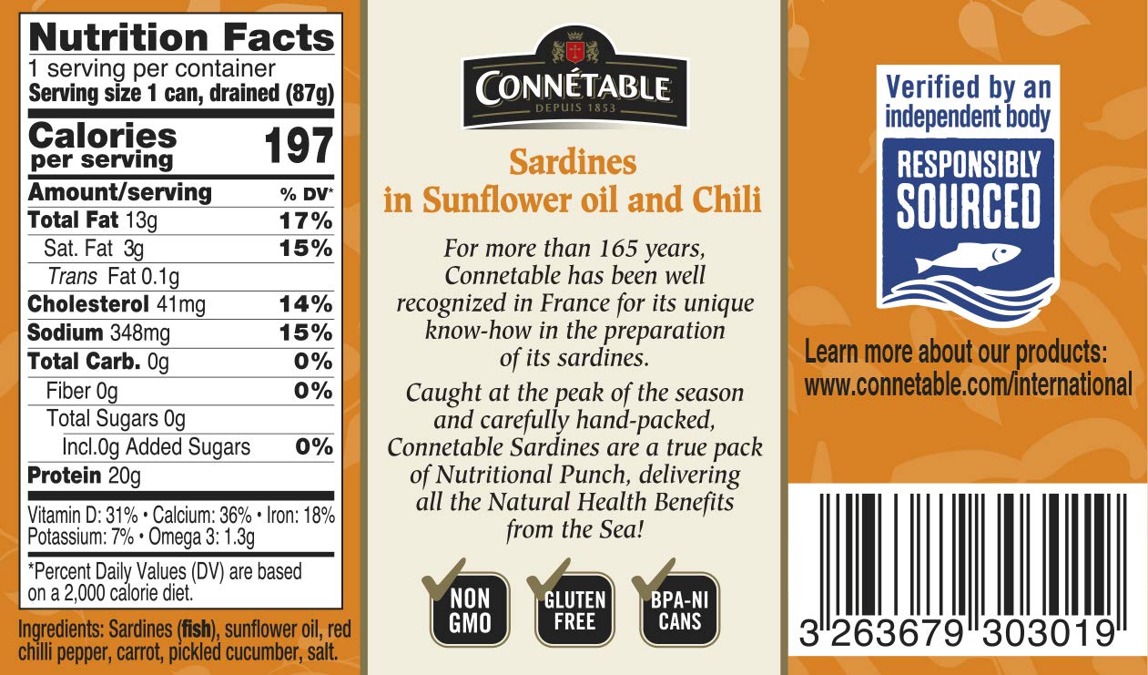 Sardines | Connetable | Sardines in Sunflower oil and Chili | 4.375 Ounce | Pack of 12