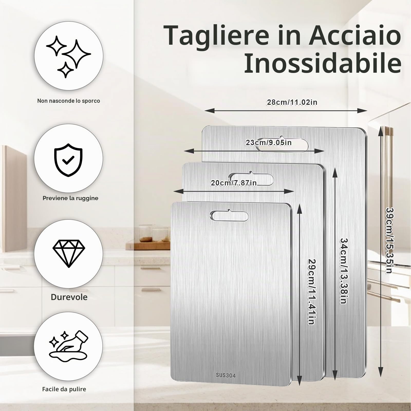 Tagliere Acciaio Inox Alimentare 304,Taglieri a Doppia Faccia Antibatterici | Set 3 Pezzi Tagliere Cucina Lavabile in Lavastoviglie,per Carne, Frutta, Verdura, Impasto (39x28+29x20+25x15cm)