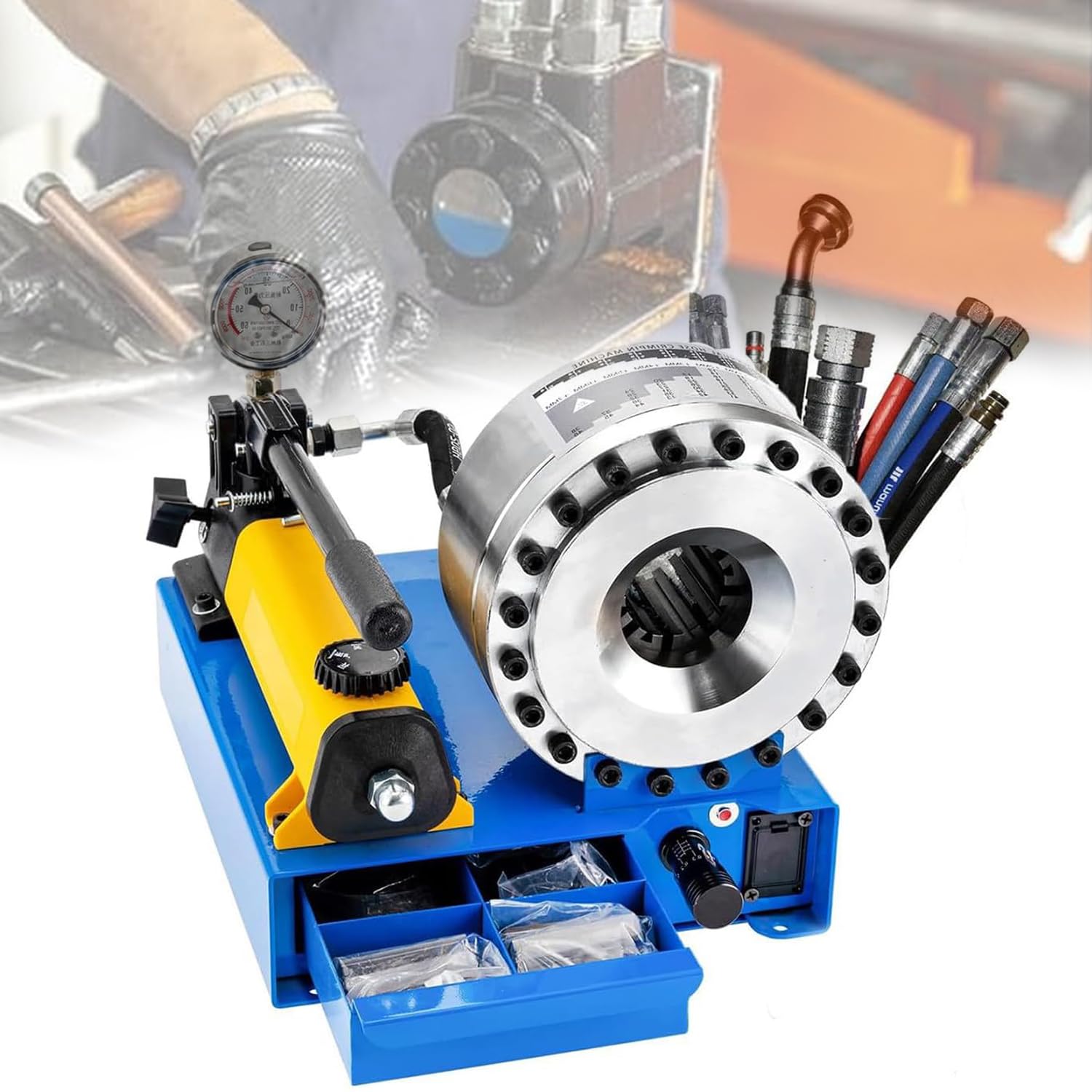Prasa do zaciskania węży 35MPA, przenośna hydrauliczna prasa do zaciskania węży, zakres zaciskania 6-25 mm, z 7 zestawami matryc, otwór 10-12-16-19-23-27-31 mm, do części motocyklowych/narzędzi roln