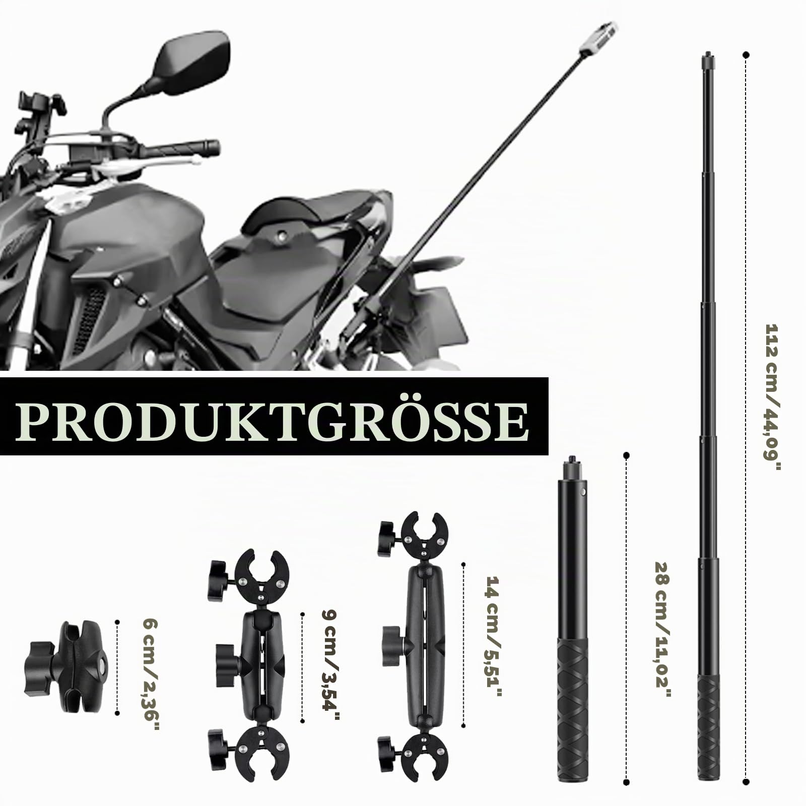 Actionkamera Motorrad Halterung, Zubehör für Insta360 x4, Motorrad Kit für Insta360 X4 X3 X2 360-Grad-Drehung, Doppelklemme Doppelte Stabilität Motorradhalterung Selfie-Stick für Motorradlenker