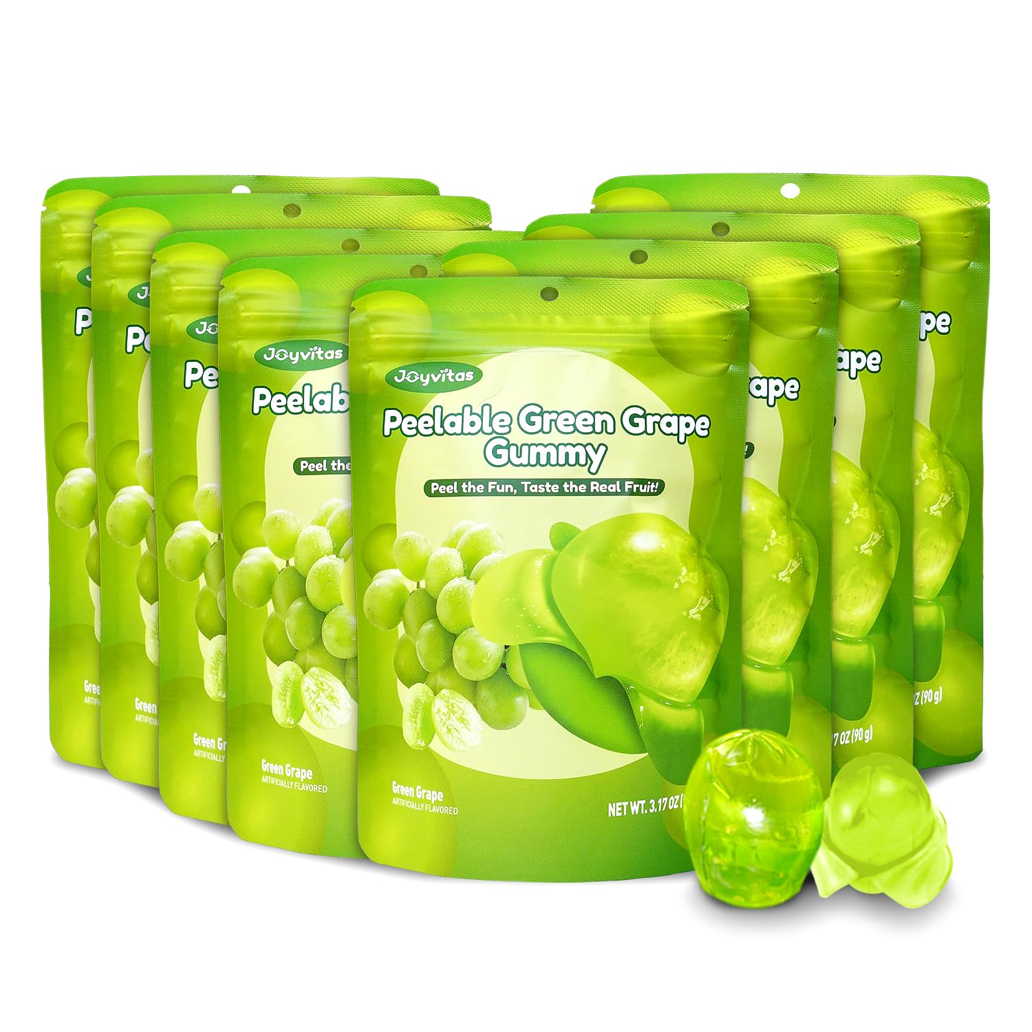 Peelable Gummy Candy Intense Green Grape Fruit Chewy Gummy Snack Low Sugar & Calorie, Healthy Snacks For Kids & Adults – Individual Soft & Chewy Candy Snacks (Pack of 8, 3.17OZ, Green Grape)