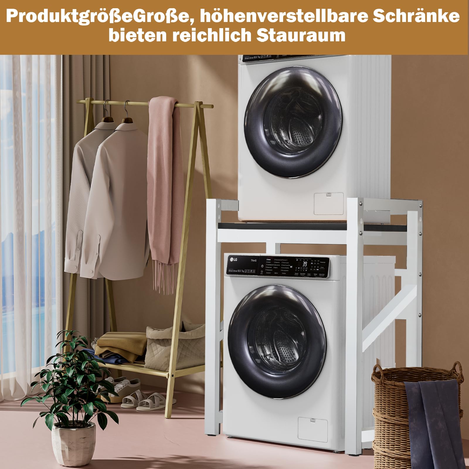 Waschmaschinenregal, Höhenverstellbarer Waschturm, Ohne Bohren, Zweistufig höhenverstellbares Regal, für Badezimmer und Waschküche, Tragkraft 300 kg