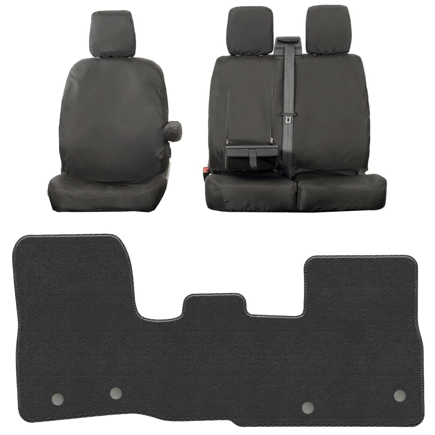 Carpet Floor Mats + Seat Covers Bundle for Ford Transit Custom (2013-2023) Tailored Fit Black Van Mat Accessory - Anti-Slip with Clips