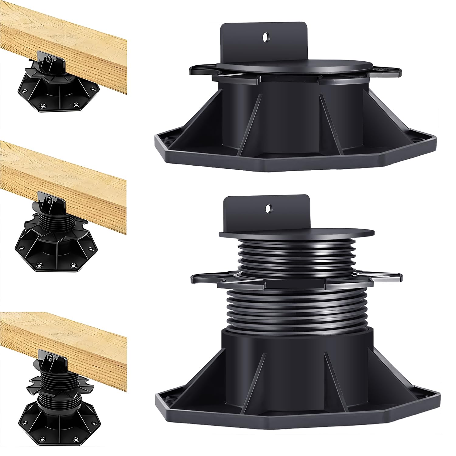 12pack adjustable deck support pedestal deck foundation base support?used for floating deck platform deck floor height adjustment raising, adjustment raising from 2-3/8" to 5-1/2", black