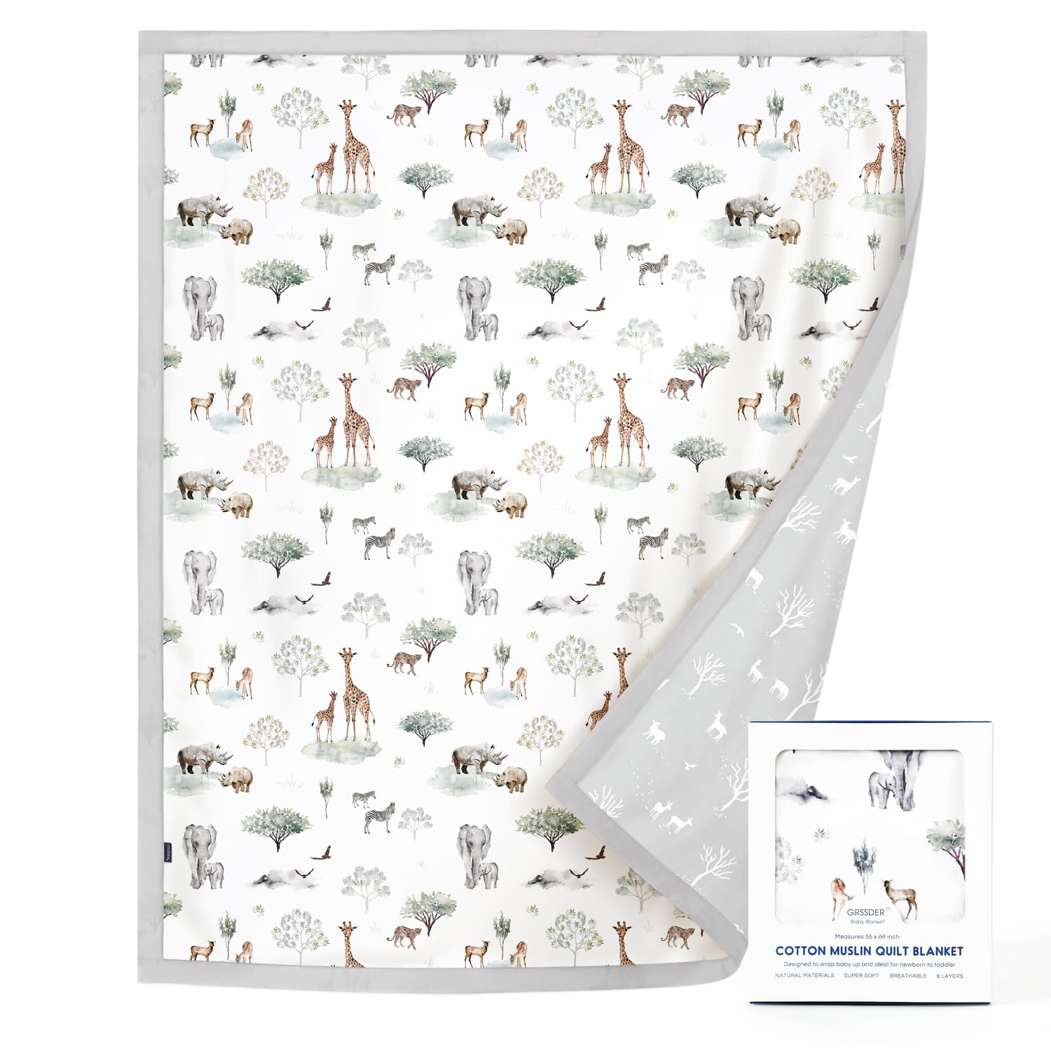 GRSSDER Cotton Muslin Quilt Blanket - Silky Soft and Breathable Kids' Throw Blanket, Oversized Muslin Blankets for Newborns, Toddlers &amp; Kids, 6 Layers Reversible Design for All Seasons, 55" x 69"