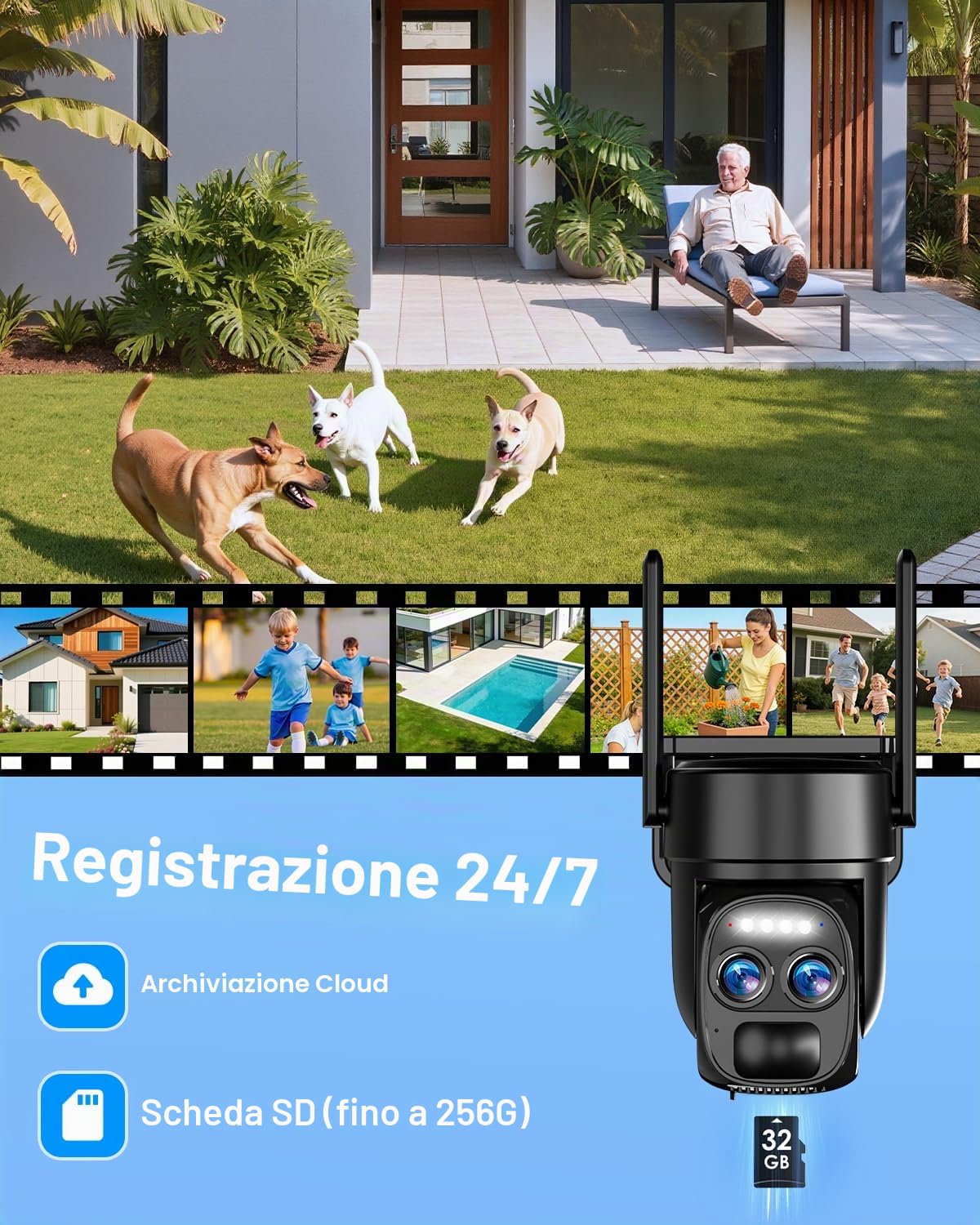 Abiso 4K - Telecamera di sorveglianza WiFi esterna senza fili, batteria a pannello solare, 360° PTZ, camera esterna/interna, 2,4 G/5 GHz, doppia lente, visione notturna, colore: audio bidirezionale