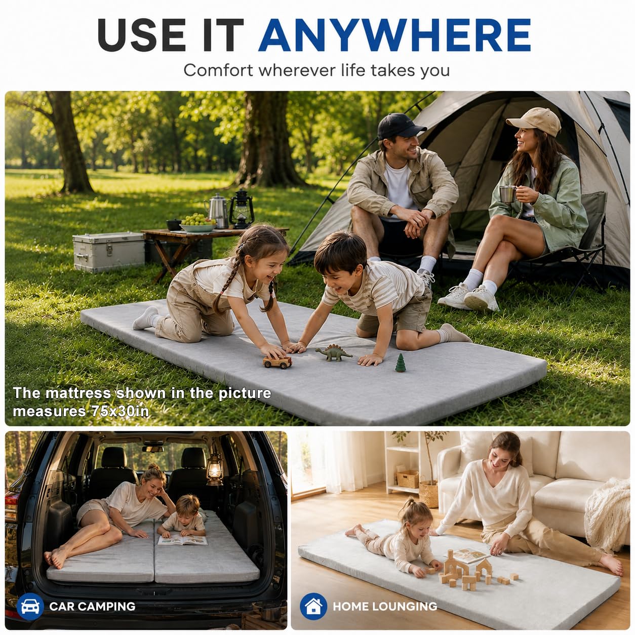 Schaumstoff-Campingmatratze – Tragbare Isomatte für Camping, Zelt, Auto & Boden – Waschbarer Bezug & aufrollbare Reisetasche – Kinderbettmatratze für Reisen & Gäste