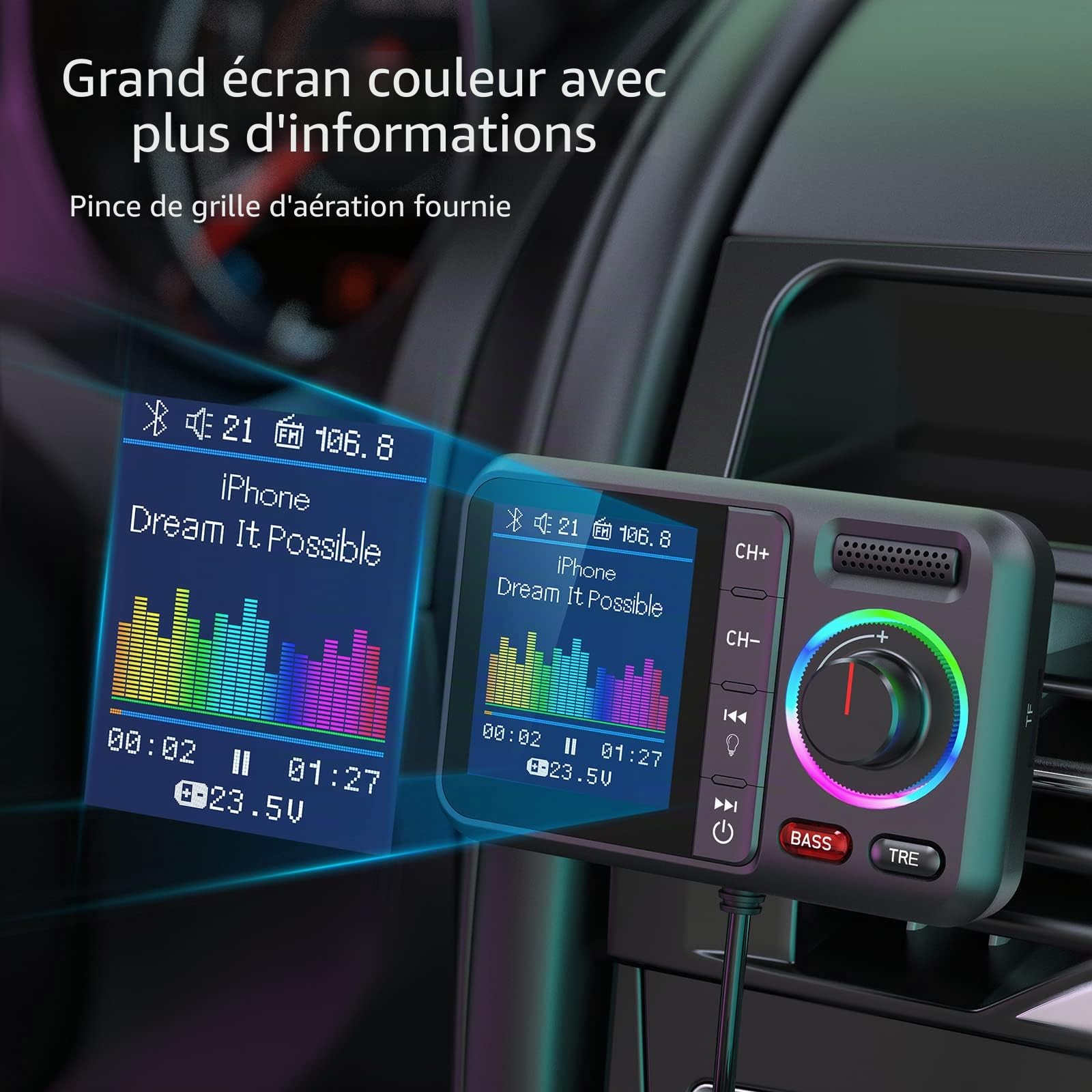 Nulaxy Transmetteur FM Bluetooth pour Voiture, BT5.0 avec Grand écran Couleur, Prise en Charge des Appels Mains Libres, Siri&Google, Lecteur de Musique MP3 Bass&TRE Booster, Carte TF/AUX-KM28 Vert