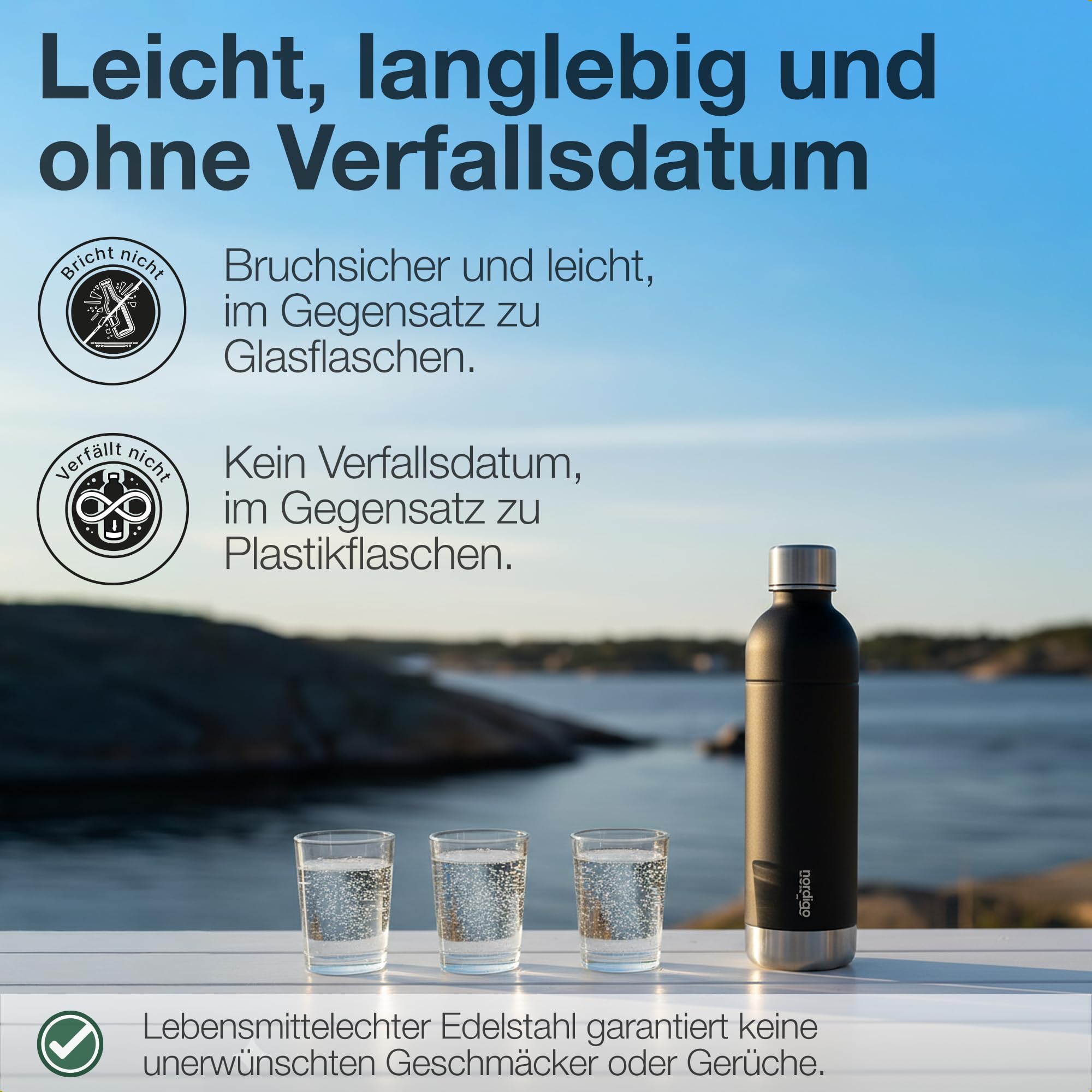 Edelstahl Sprudelflasche 1L | Kompatibel mit Aarke Carbonator 3, SodaStream Duo & Kunststoffflaschen | Nicht für Crystal & Jet | Kein Ablaufdatum | Plastikfrei | 2x Schwarz