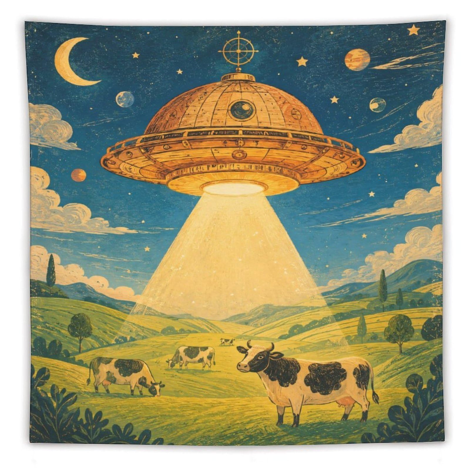H3B8U2Y5 UFO Cattle Green Pasture Wall Tapestry, Oil Painting, Bed