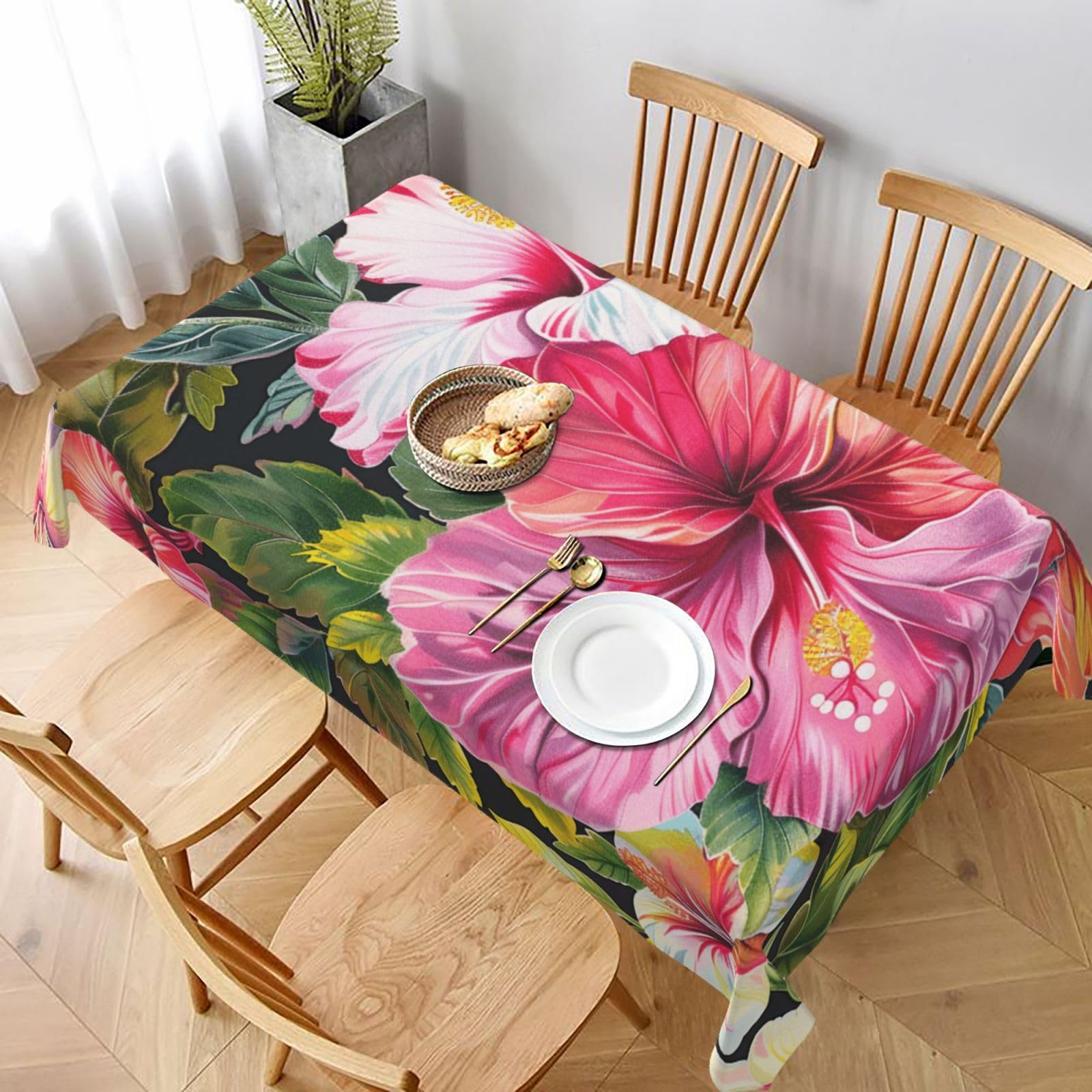 WPKJU Hibiscus Flowers Print Printed Tablecloth 60x90 in Water Resistant Table Cover Washable Rectangle Table Cloth for Dining Tables