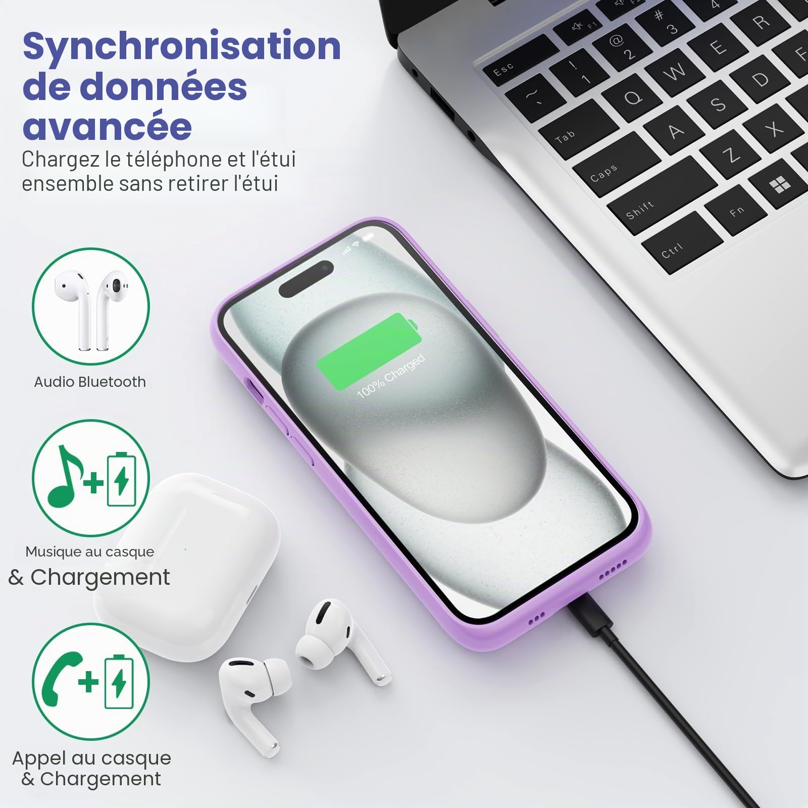 Feob Coque Batterie pour iPhone 15 Pro【Charge Rapide 15W & Puissant 7500mAh】 Coque Rechargeable Batterie Externe Chargeur Portable Coques d'alimentation pour iPhone 15 Pro (6,1 Pouces) - Violet