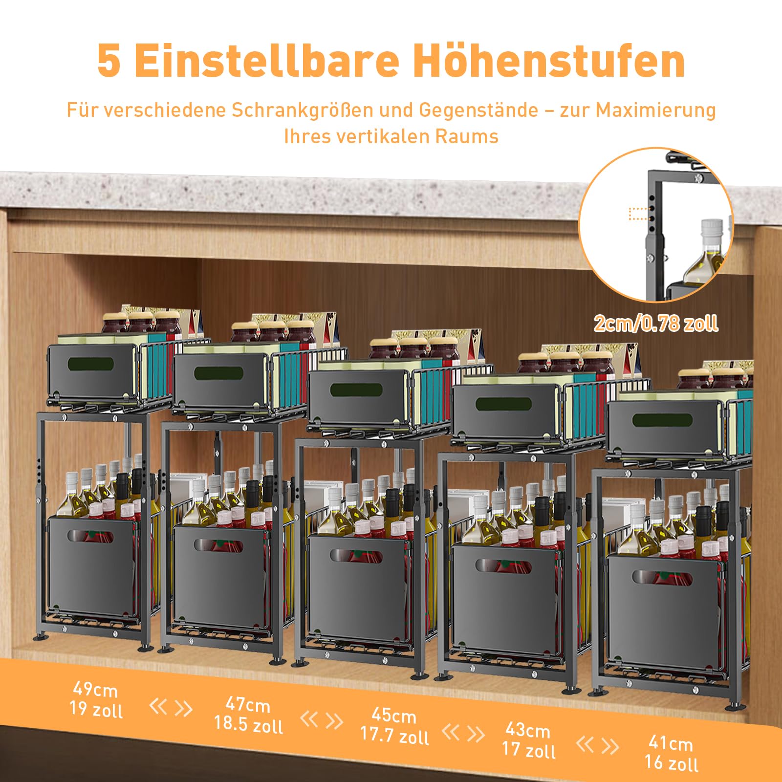 Unterschrank Organizer Küchenschrank mit 2 Etagen Küchenregal Arbeitsplatte Metall Unterspüle für Badezimmer, Anhebbares Mehrfunktional Gewürzregal Standregal