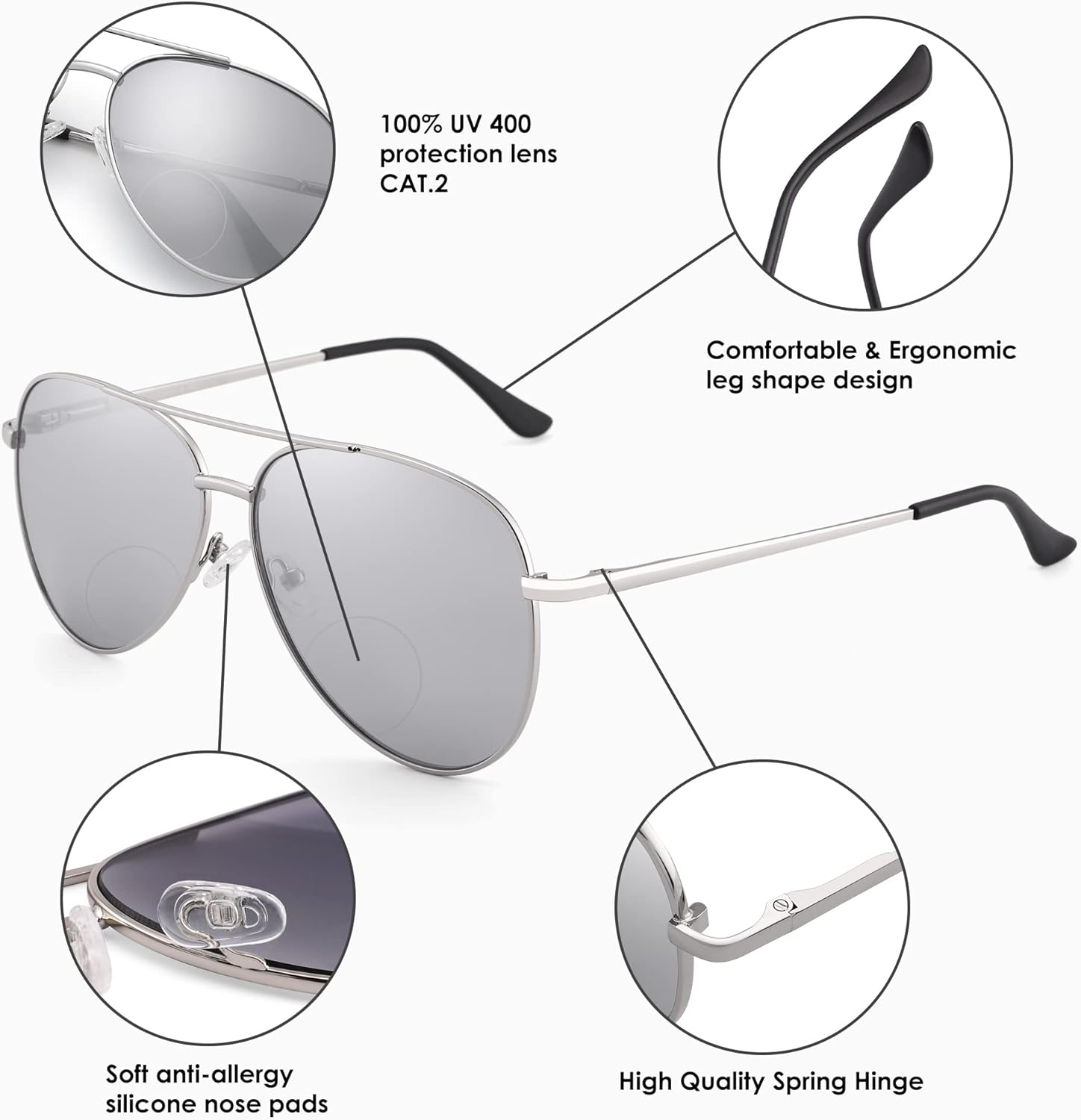 3 Pack Bifocal Reading Sunglasses for Women Men, Aviator Sun Readers Glasses Mirrored Shades UV400 +1.50 - Image 6