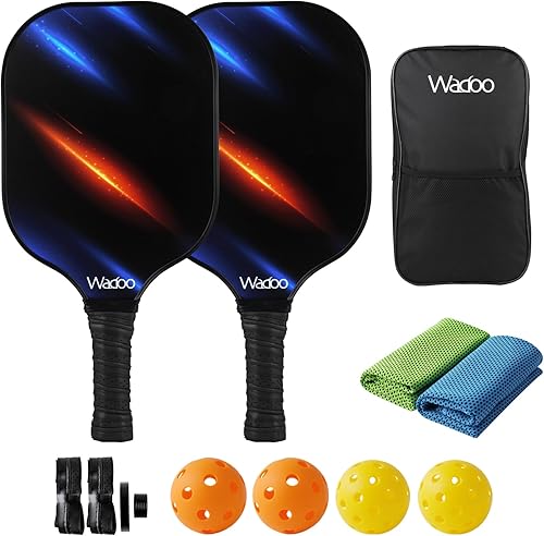 Wadoo Juego de 2 palas de pickleball de fibra de vidrio con 4 bolas de pickleball profesionales, paquete de 2 juegos de pickleball equipos de