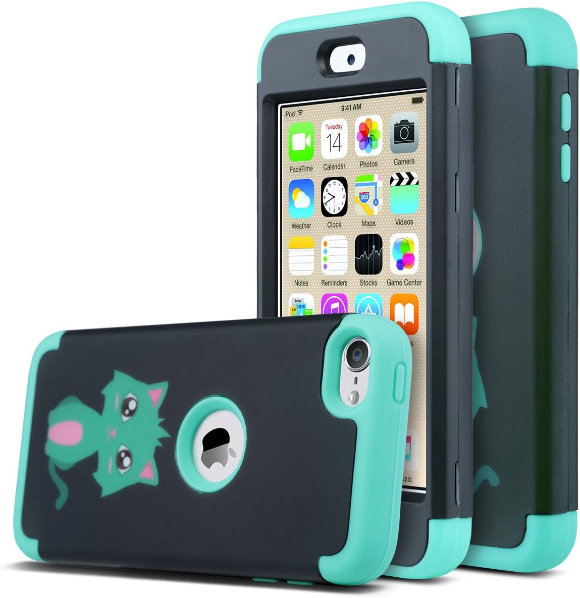 ULAK iPod Touch 7th Generation Case, iPod Touch 6 Case, Heavy Duty Shockproof High Impact Protective Case with Dual Layer Soft Silicone + Hard PC for Apple iPod Touch 7/6/5, Mint Green Cat