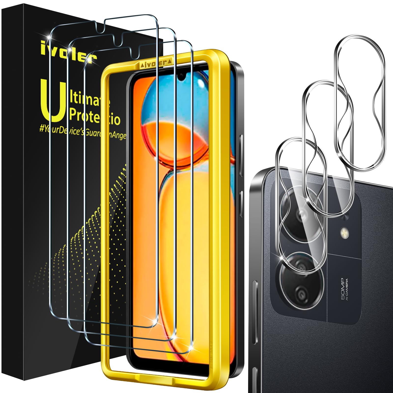 ivoler 3+3 Stück Schutz Glas für Xiaomi Redmi 13C / Poco C65, 3 Stücke Schutzfolie Mit 3 Stück Kameraschutz und Positionierhilfe, 9H Härte, HD Klar, Anti-Kratz, Anti-Bläschen