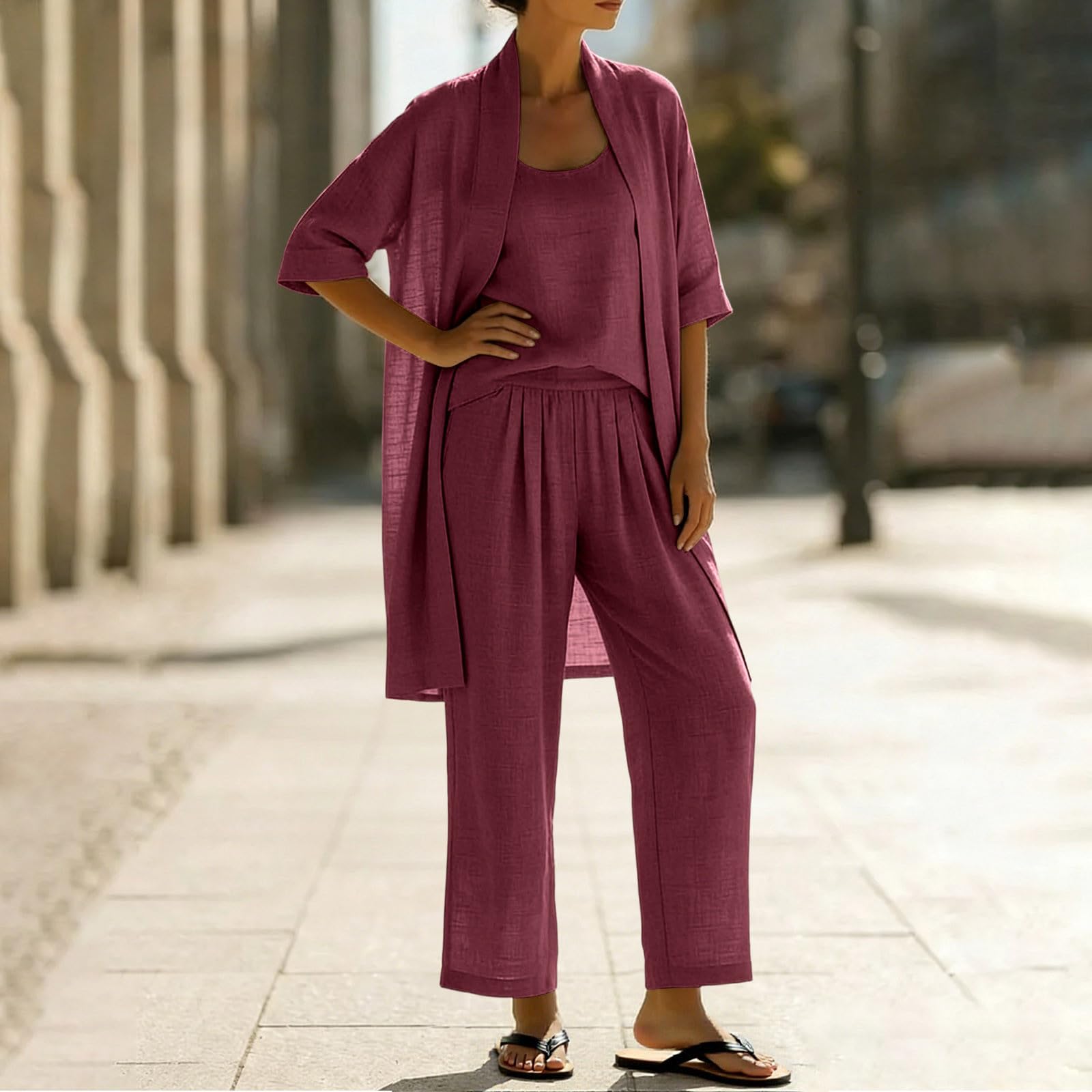 Set da 3 pezzi per il tempo libero estivo in cotone e lino, a maniche corte, cardigan aperto sul davanti, top elastico in vita, pantaloni lunghi casual larghi comodi abiti da viaggio