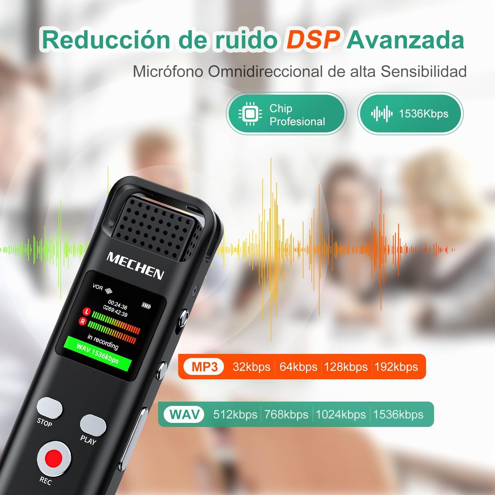 MECHEN 64GB Grabadora de Voz Digital, 1536 kbps con Reproductor de MP3, Calidad de Sonido HD, Reducción de Ruido, Grabación Activada por Voz, Función de Grabación para Conferencias y Ponencias (V02)