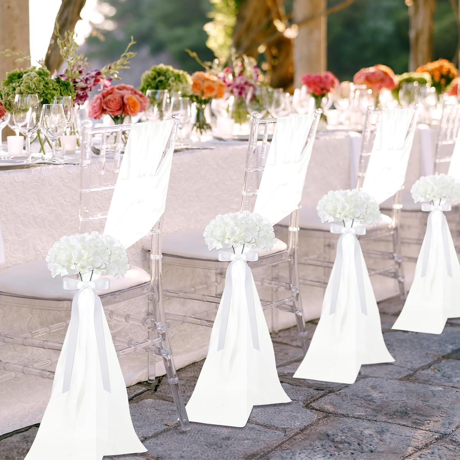 VitalCozy 24 Set Wedding Aisle Chair Decorations for Wedding Ceremony Pew Decor Chiffon Chair Sashes with Ribbon Bows and Artificial Floral for Church Aisle Bulk Decorations (Hydrangea)
