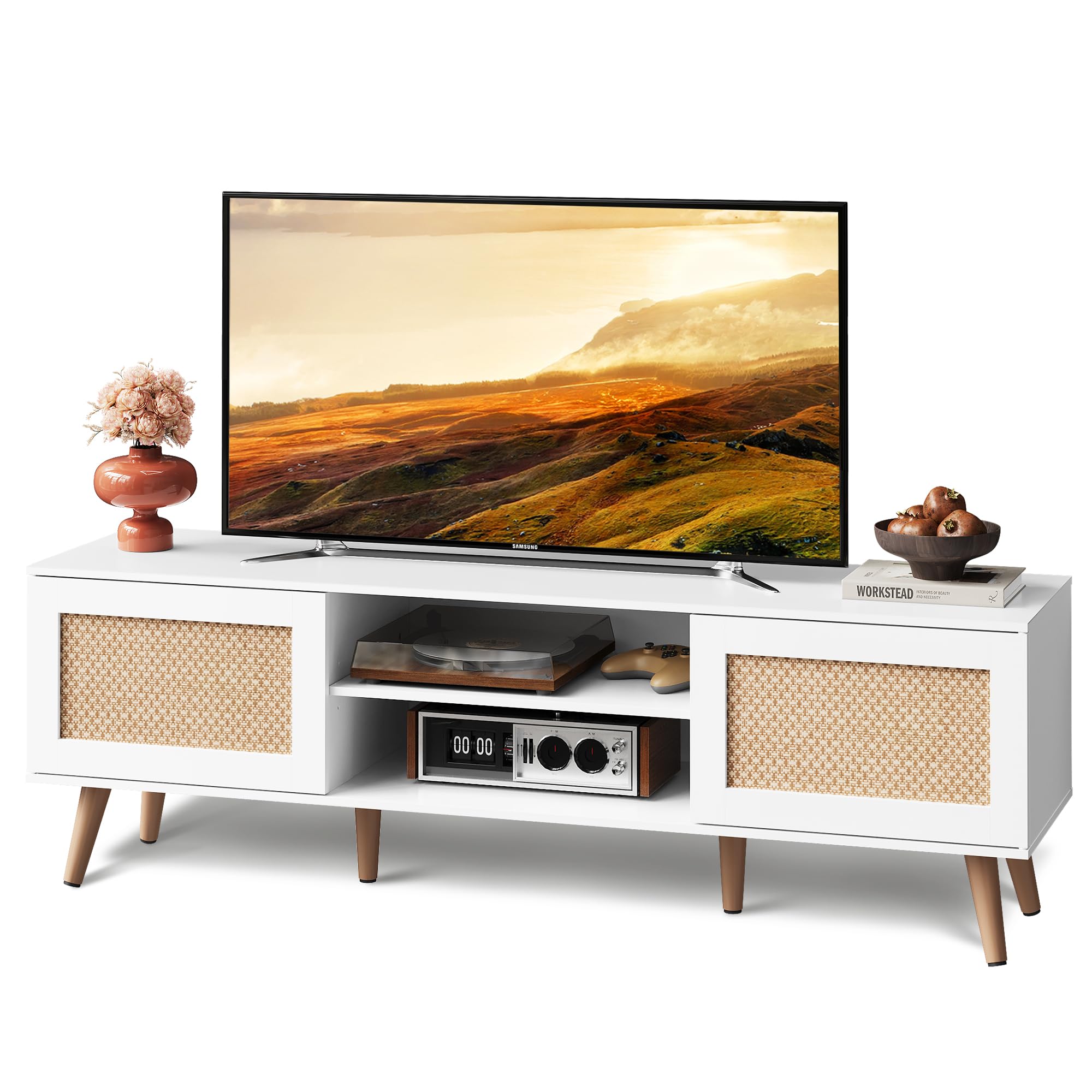 wlive tv stand for 65 inch tv 5834 boho entertainment center tv stand for living room tv console with 2 storage cabinets white