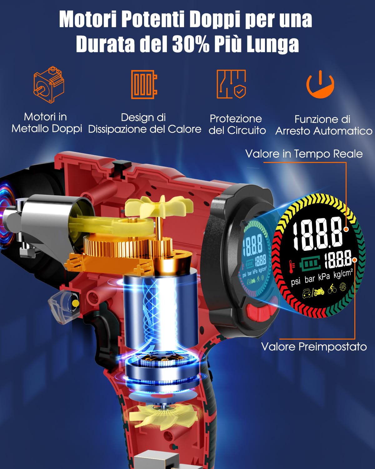 AUTDER Gonfiatore Pneumatici Portatile 180 PSI, Compressore Aria Senza Fili con Batteria Rimovibile 21V e Cavo Auto 12V, Spegnimento Automatico, Display LCD, Luce LED per Auto - Rosso-Nero