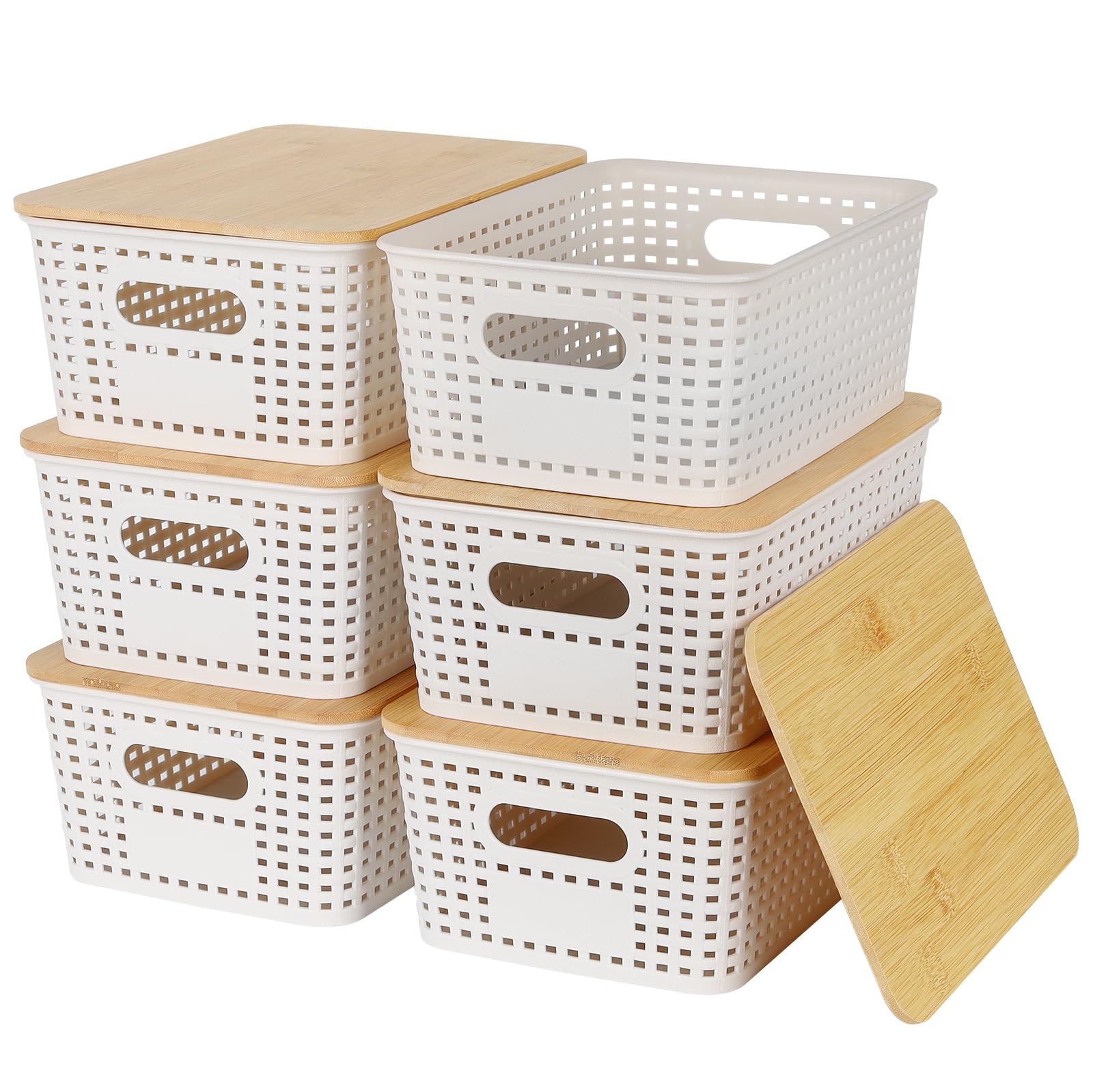 Nymblis 6Pcs Storage Box with Lid, Plastic Stackable Storage Baskets with Bamboo Lids, Plastic Storage Bins Containers for Kitchen Bathroom Cabinets Organization (25.4x18.4x10.7cm)