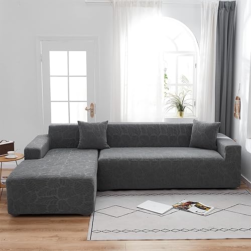 ele ELEOPTION Funda para sofá modular, funda universal de tela elástica para sofá, 2 piezas para sofá modular en forma de L (hojas grises, forma de