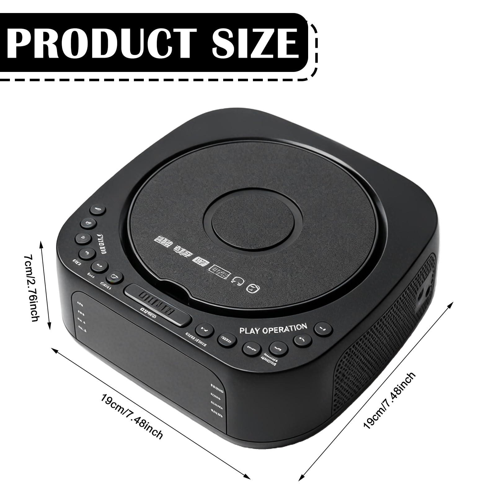 Lecteur CD portable avec Bluetooth, radio FM, lecteur CD MP3 avec double haut-parleur stéréo, réveil, SleepTimer, lecteur CD rechargeable, prend en charge USB/AUX, grand écran, télécommande, noir
