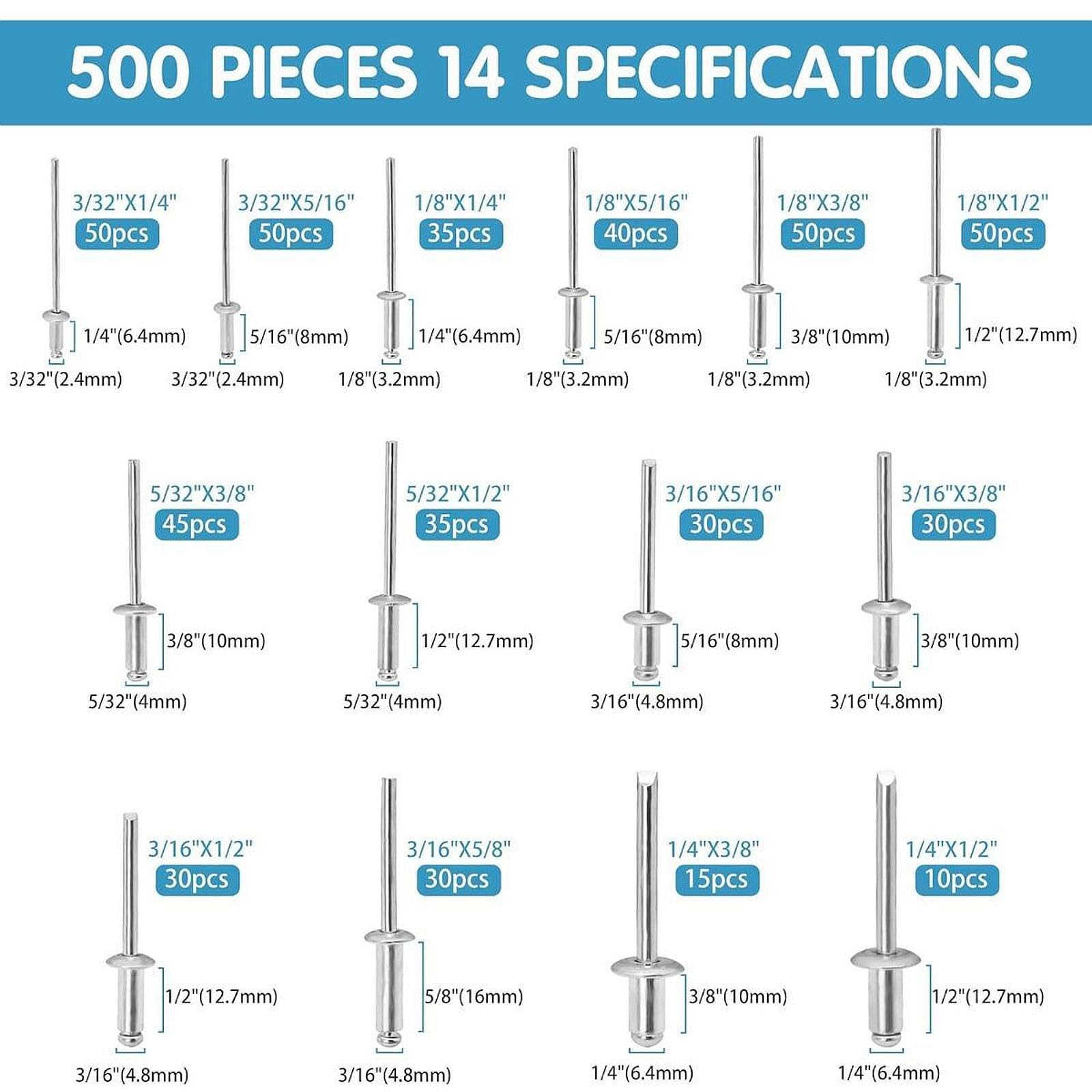 500 Piezas Remaches Ciegos Mixtos Abiertos Caja Plástica Divisores Separados Instalación Sencilla Adecuado para Mantenimiento Instrumentos Trabajos Do, Plata
