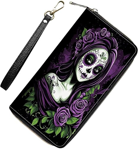 Womens Wallet,RFID Blocking Large Capacity Clutch,Zip Around Leather Purse with 8 Card Slots,Bill Compartments Coin Pocket - Day of the Dead Sugar Skull Women