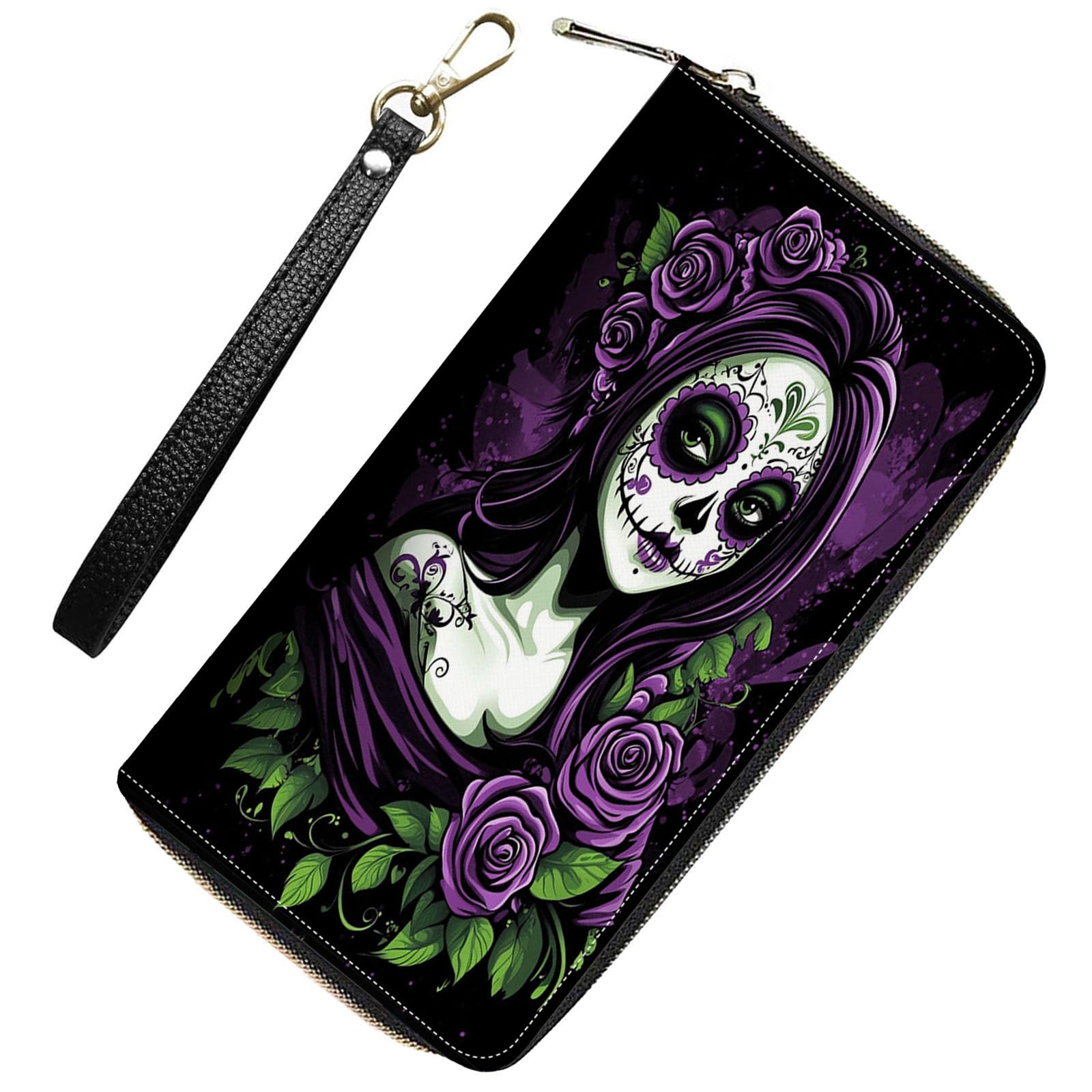RUUHLJLET Womens Wallet,RFID Blocking Large Capacity Clutch,Zip Around Leather Purse with 8 Card Slots,Bill Compartments Coin Pocket - Day of the Dead