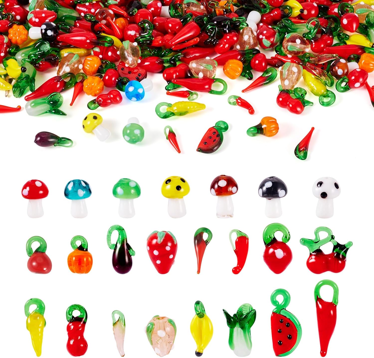 Cheriswelry 200pcs Fruit Vegetables Pendants Handmade Lampwork Beads Colorful 3D Strawberry Dangle Beads Charms Hang Ornament for DIY Craft Earring Bracelet Necklace Jewelry Making