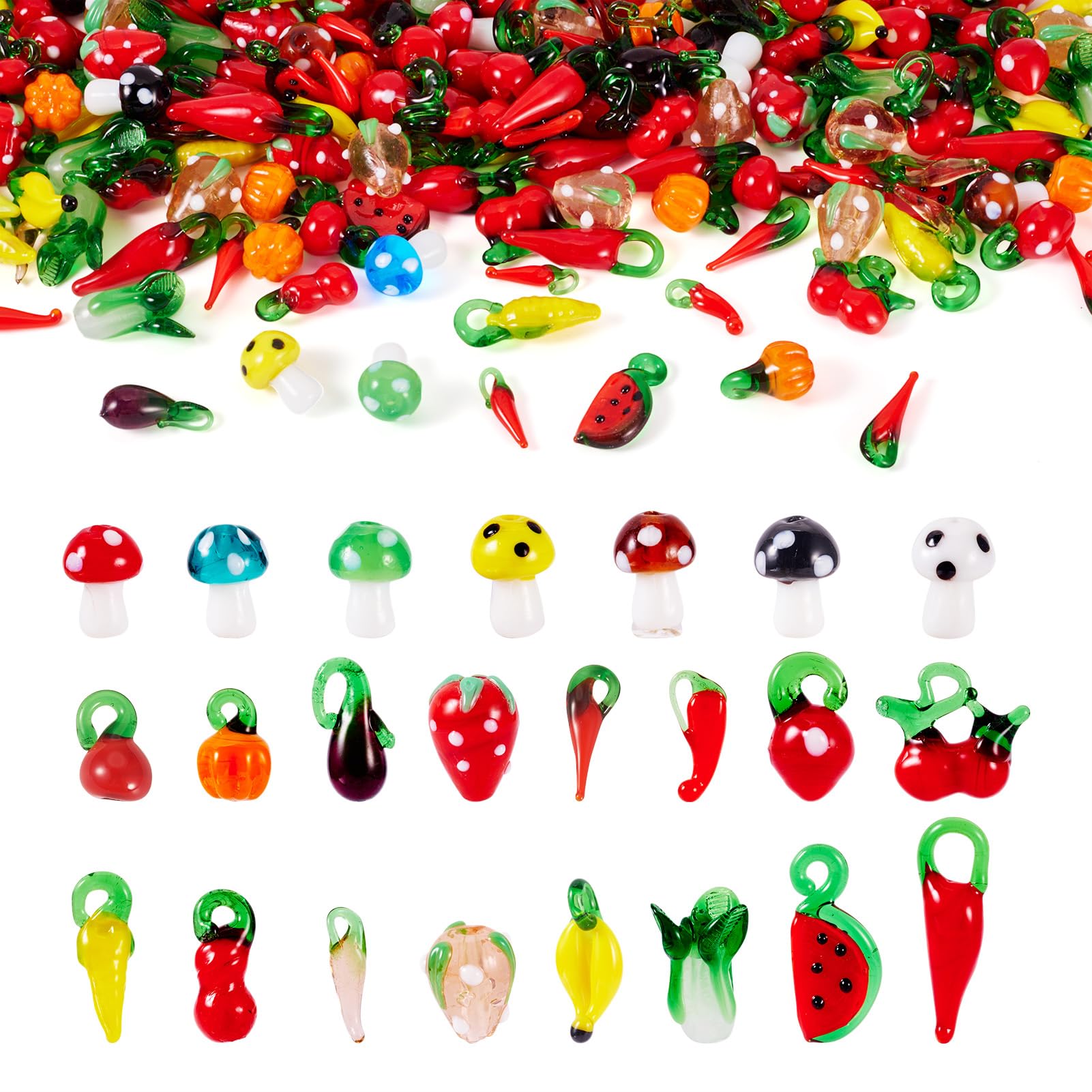 Givenny 200Pcs Vegetables & Fruit Lampwork Beads Mixed Styles Handmade Food Glass Loose Beads Dangle Charms for DIY Jewelry Making